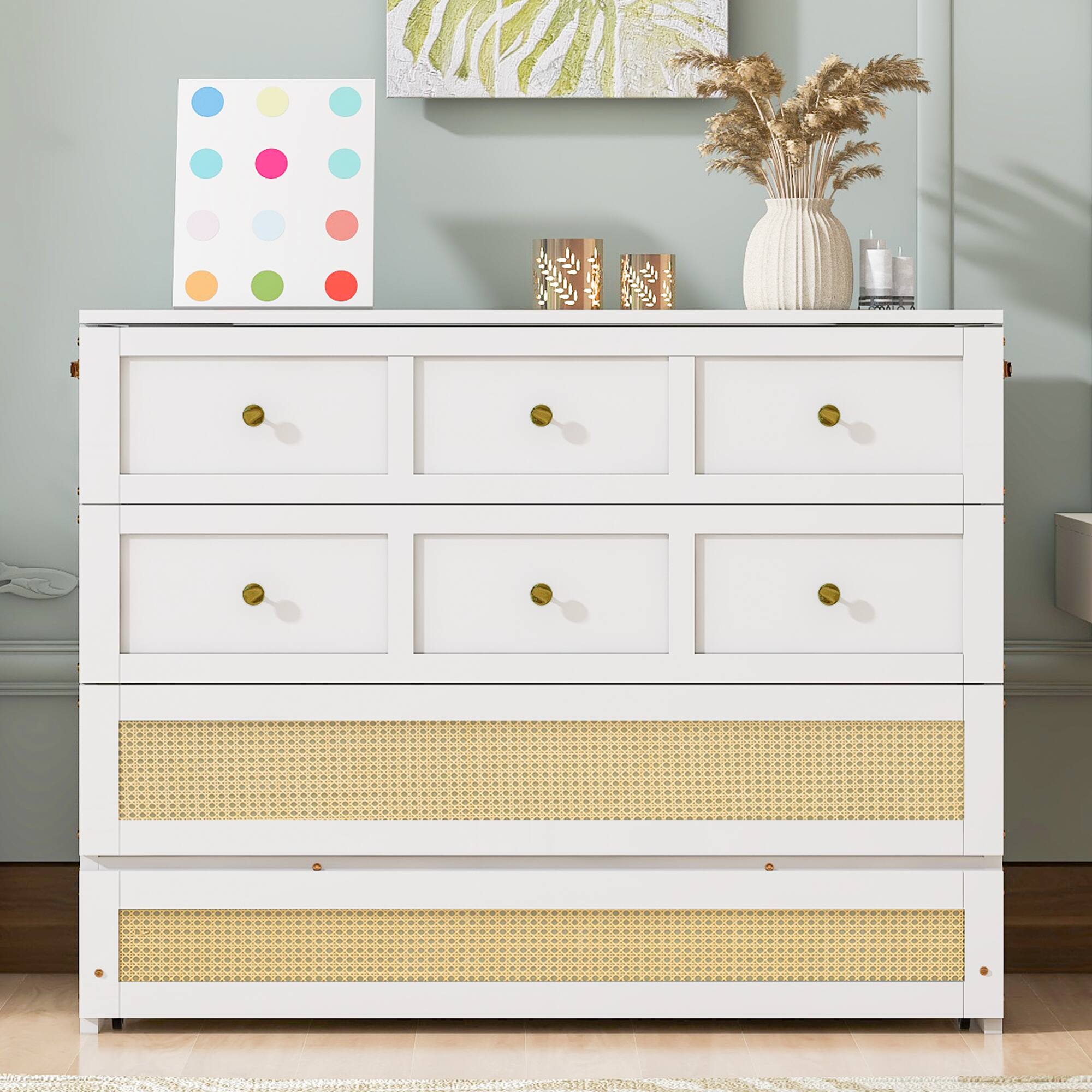 Left. Whisen - Full Size Murphy Bed,Space-Saving Foldable Bed Frame with Storage Drawers - White.