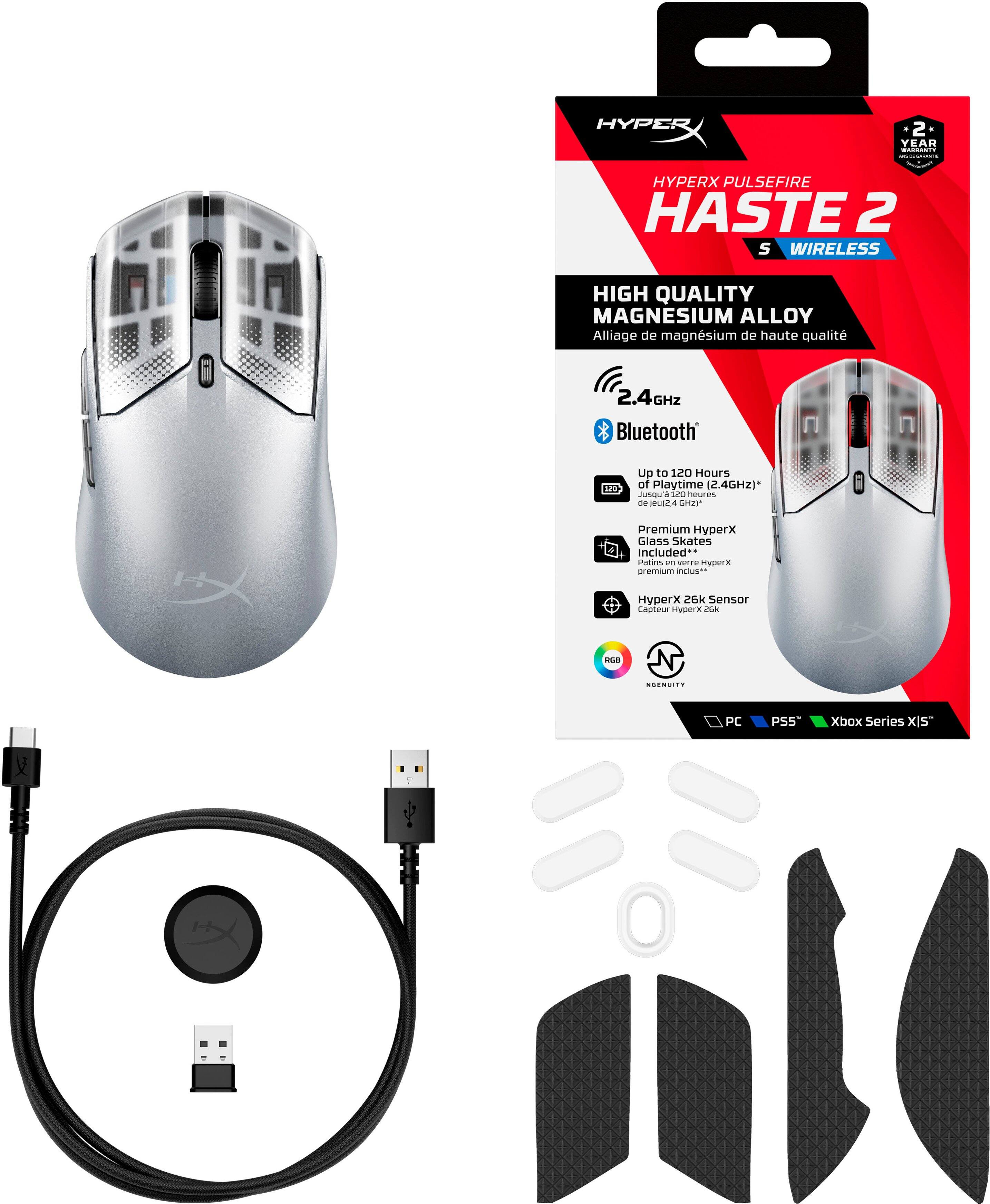 HYPERX PULSEFIRE HASTE 2 S WIRELESS HIGH QUALITY MAGNESIUM ALLOY WIRELESS HIGH QUALITY MAGNESIUM ALLOY 2.4GHZ Bluetooth - Up to 120 Hours of Playtime (2.4GHz) included Premium HyperX Glass Skates 26k Sensor Capacitive 2.0 mm travel PC/PS4/Xbox Series X/S