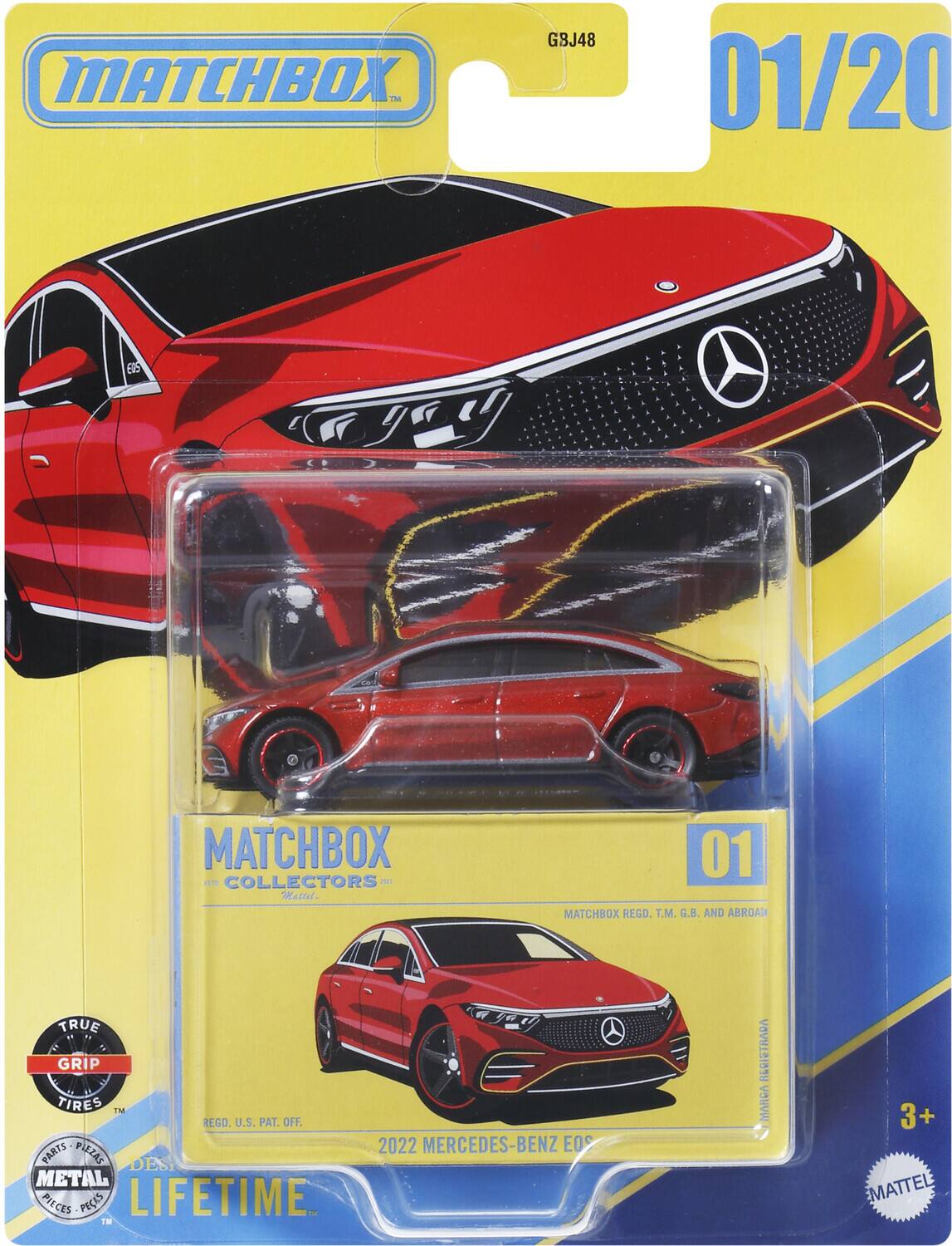 MATCHBOX TN G8J48 01/20 ES MATCHBOX COLLECTORS Mattel 01 MATCHBOX REGO. T.M. G.B. AND ABROAD TRUE GRIP TIRES TM REGD. U.S. PAT. OFF. PLEZAS 2022 MERCEDES-BENZ E05 PARTS DES METAL PIECES PECKS LIFETIME. TH REGISTRADA MARGA 3+ EMATTEL