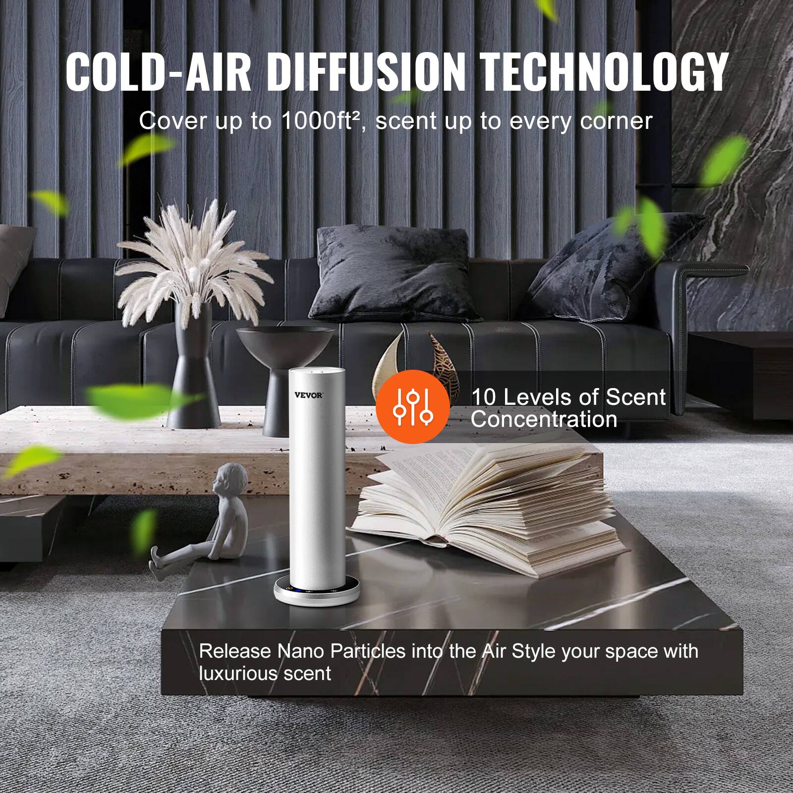 COLD-AIR DIFFUSION TECHNOLOGY  
Cover up to 1000ft², scent up to every corner  

10 Levels of Scent Concentration  

Release Nano Particles into the Air  
Style your space with luxurious scent