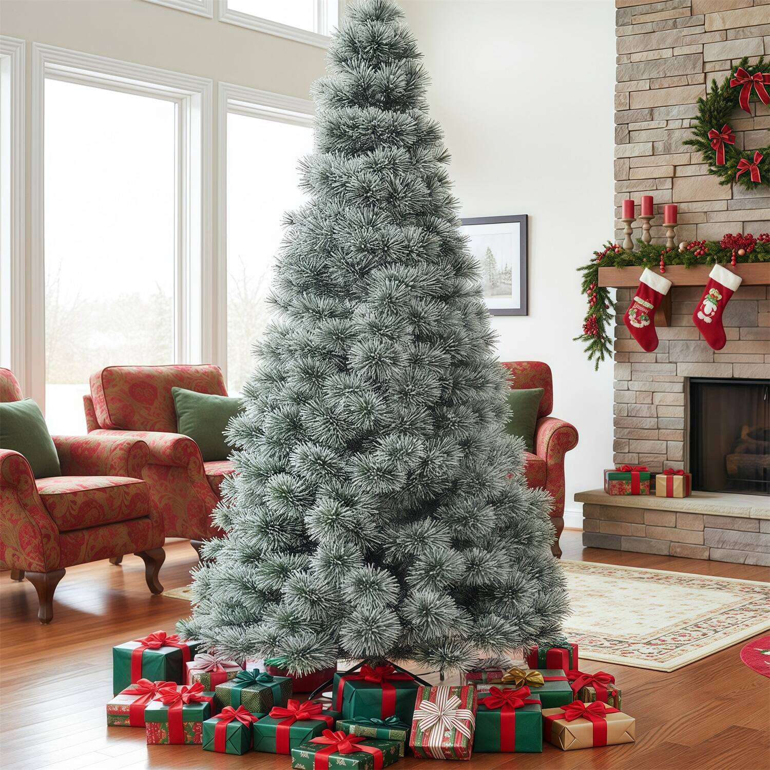 Angle. Sweet - 9ft Snow Flocked Spruce Artificial Christmas Tree with 600 Incandescent Warm White Lights, Foldable Stand - White Flocking.