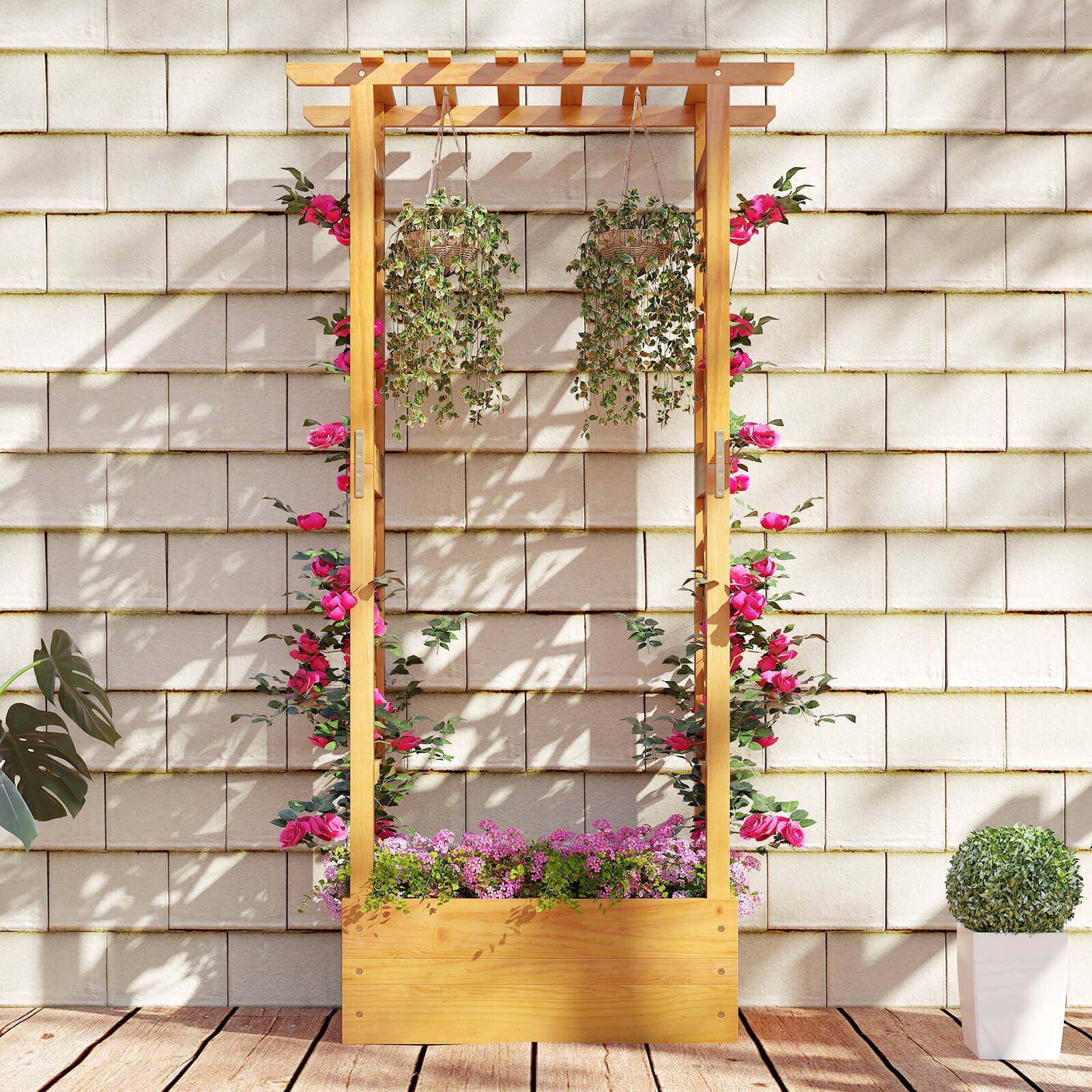 Alt View 4. Costway - Costway 2 PCS 60" Raised Garden Bed with Trellis with Hanging Roof, 2 Side Trellises - Natural.