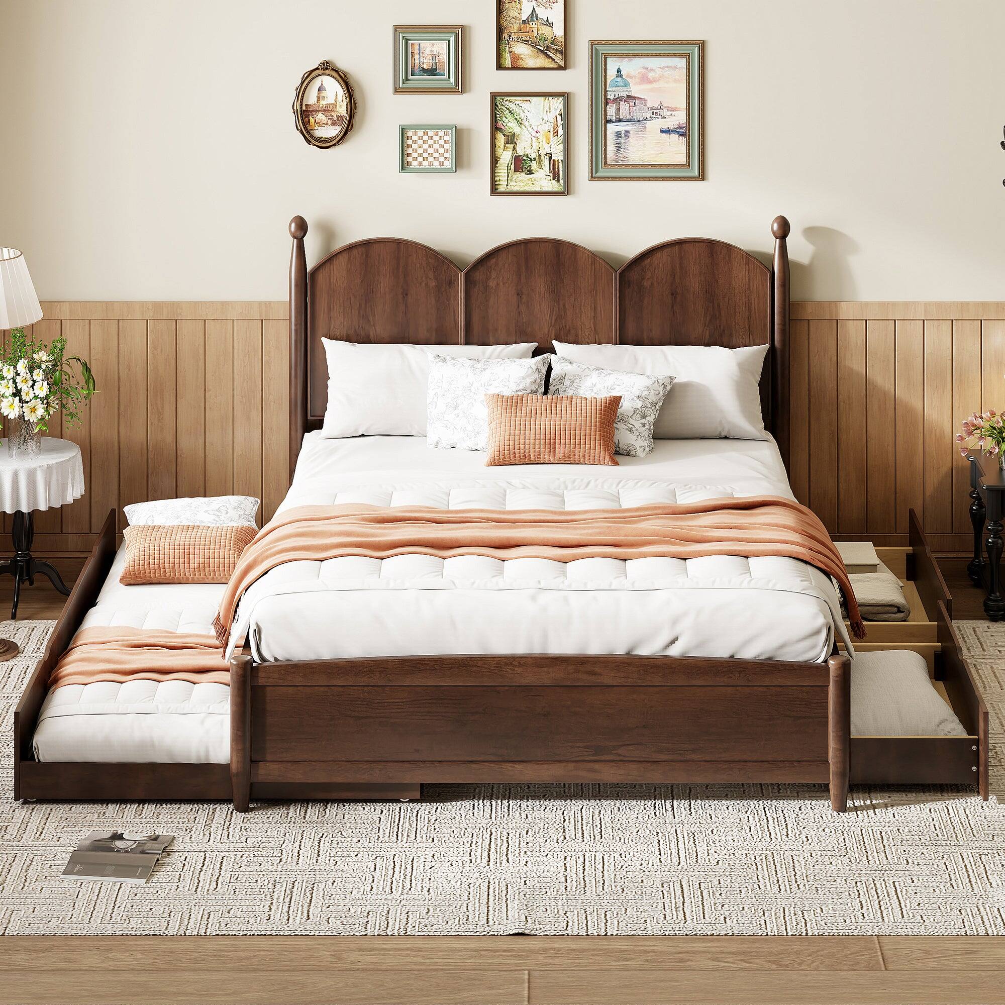 Alt View 4. Boyel Living - Queen Size Platform Bed with 2 Storage Drawers and Twin XL Trundle, Walnut - Brown.