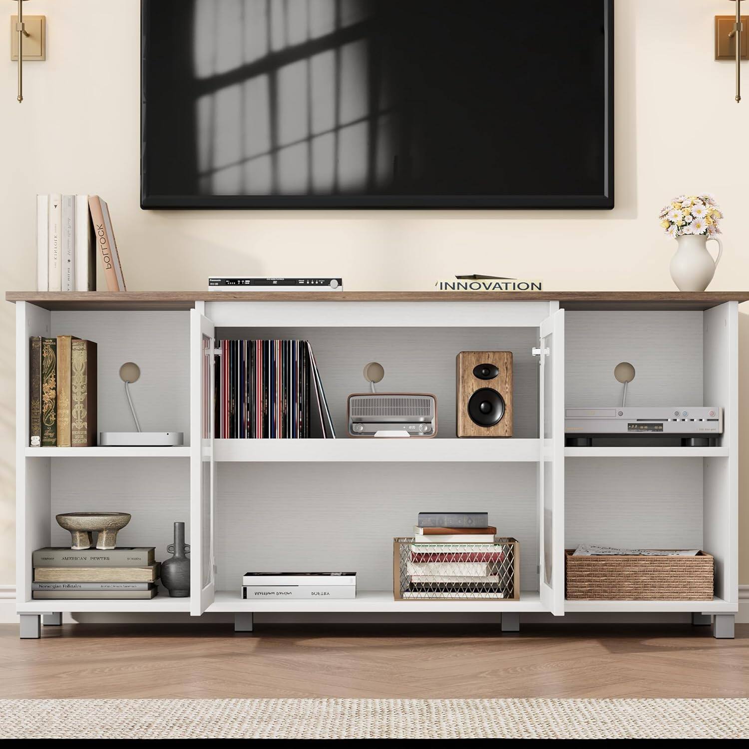 Sure, here is the corrected and grouped text from the image:

**Top Shelf:**
- INNOVATION

**Left Shelf:**
- BOOK
- AMERICAN POWER

**Middle Shelf:**
- (No visible text)

**Right Shelf:**
- (No visible text)

**Bottom Shelf:**
- (No visible text)

**Additional Text:**
- (No additional visible text)