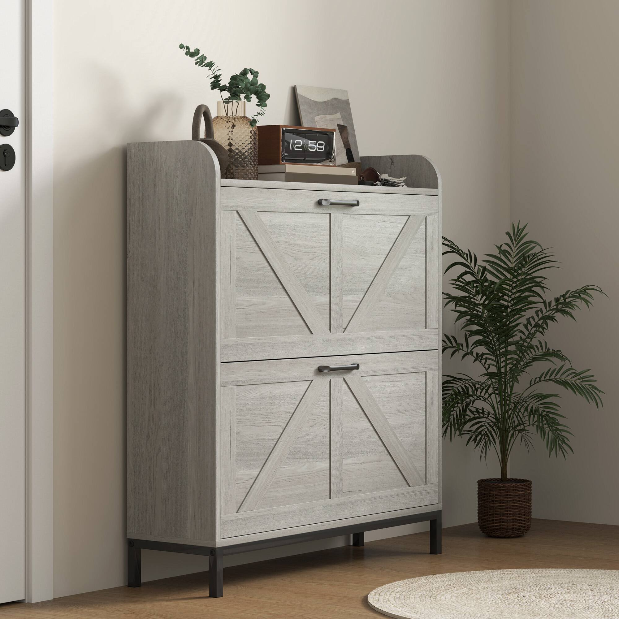 Alt View 8. Homcom - Shoe Storage Cabinet with 2 Flip Drawers, Freestanding Narrow Farmhouse Style for Entryway​ - Light Gray.