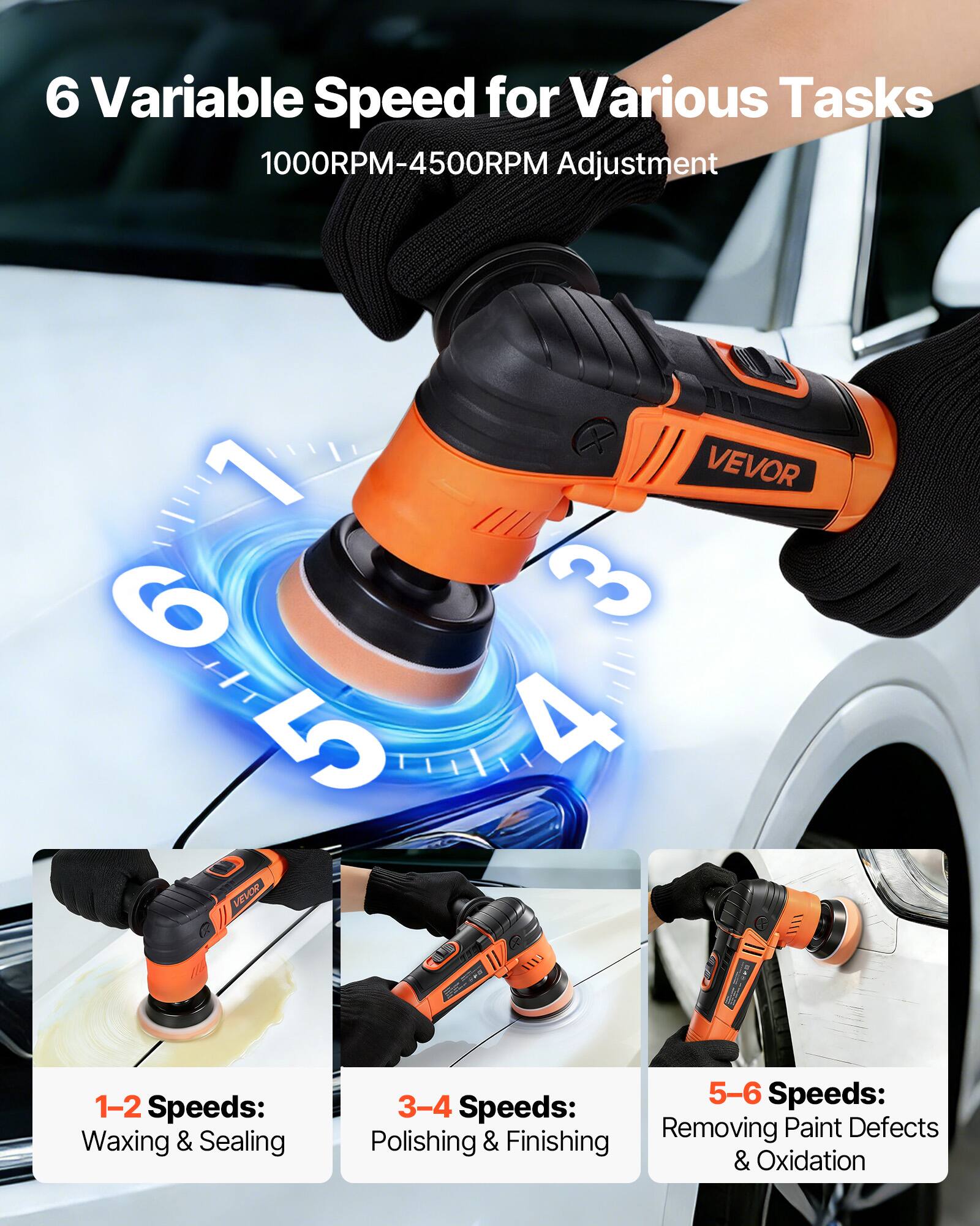 6 Variable Speed for Various Tasks  
1000RPM-4500RPM Adjustment  

1-2 Speeds: Waxing & Sealing  
3-4 Speeds: Polishing & Finishing  
5-6 Speeds: Removing Paint Defects & Oxidation
