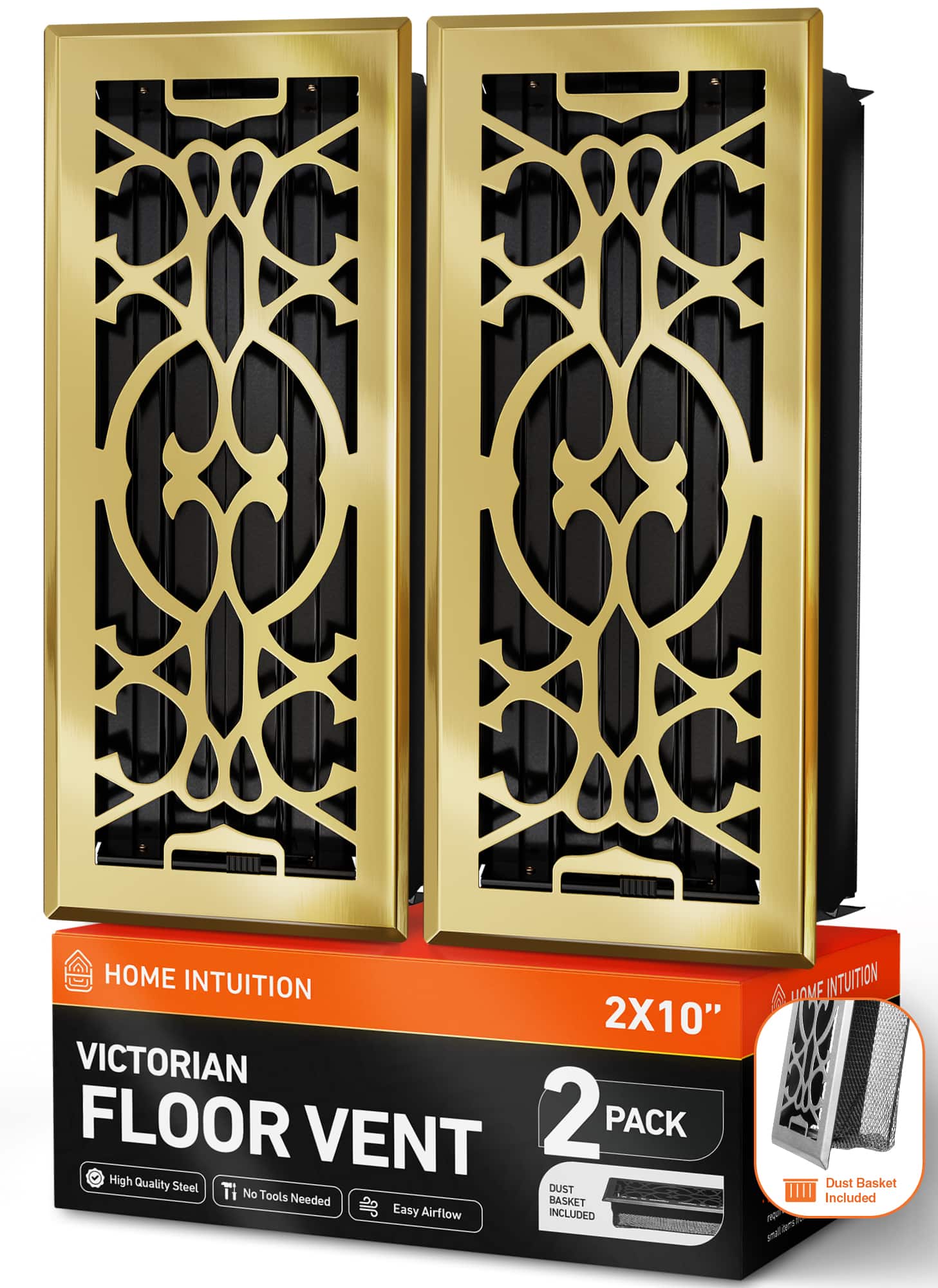 Home Intuition - Victorian Floor Vent Covers 4X14 Inch with Mesh Cover, Heat and Air for HVAC, 2-Pack - Polished Brass