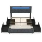 Front. Costway - Costway Full Size Bed Frame with Led Lights & Charging Station & Modern Upholstered Bed - Gray.