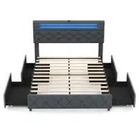 Costway - Full Size Bed Frame with Led Lights & Charging Station & Modern Upholstered Bed - Gray - Front_Zoom