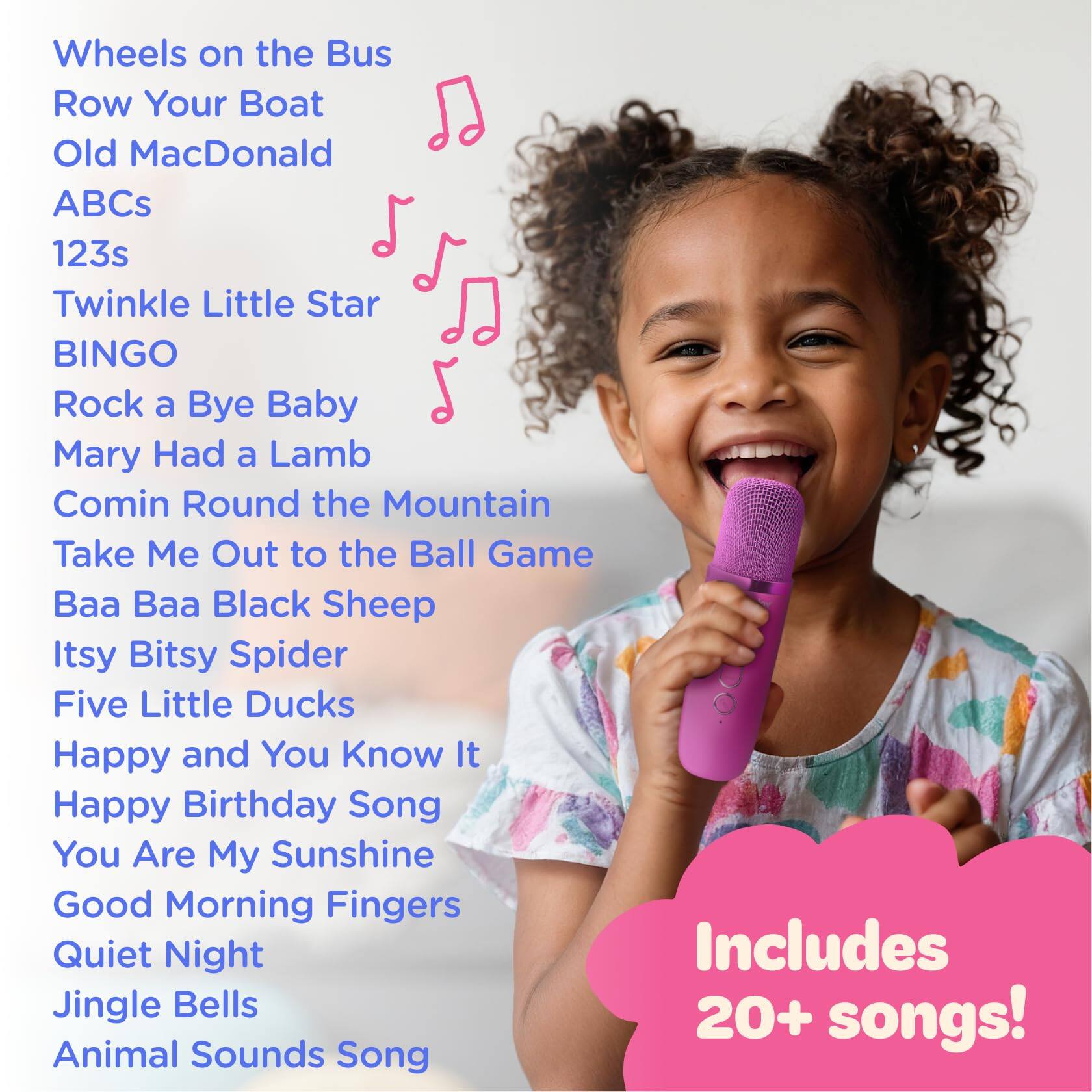 Wheels on the Bus  
Row Your Boat  
Old MacDonald  
ABCs  
123s  
Twinkle Little Star  
BINGO  
Rock a Bye Baby  
Mary Had a Lamb  
Comin Round the Mountain  
Take Me Out to the Ball Game  
Baa Baa Black Sheep  
Itsy Bitsy Spider  
Five Little Ducks  
Happy and You Know It  
Happy Birthday Song  
You Are My Sunshine  
Good Morning Fingers  
Quiet Night  
Jingle Bells  
Animal Sounds Song  

Includes 20+ songs!