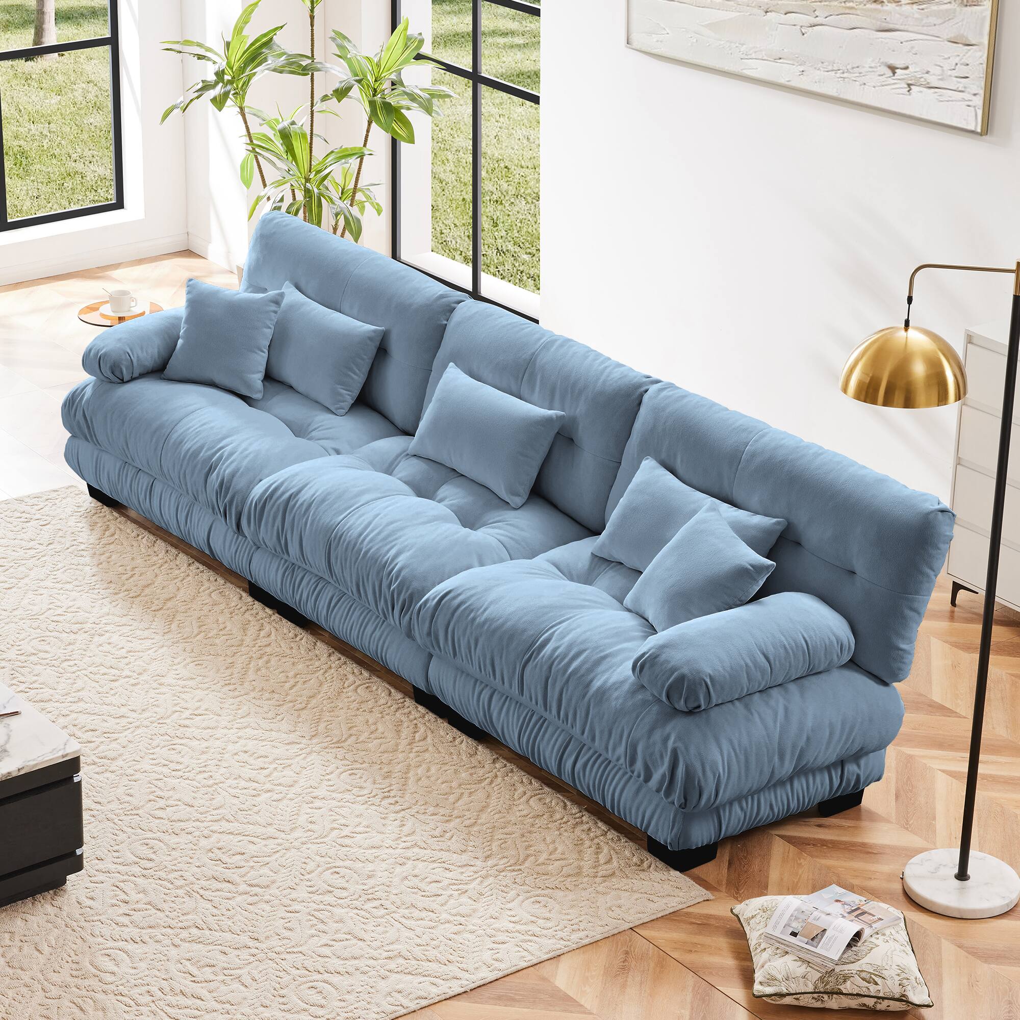 Front. DOMETOUR - 3-Seater Sectional Sofa Modular Deep Seat Sofa Couch , Chenille Sofa Soft Comfy Upholstered Furniture for Living Room - Chenille Blue.