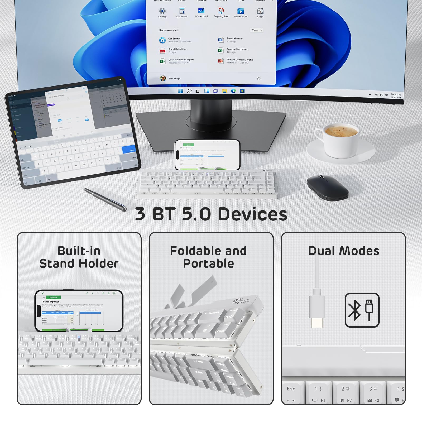 Pacoar Cade - F68 60% Foldable Low Profile Mechanical Wireless With Aluminum Body Built-in Stand Holder White Backlit 68 Keys Quiet - White-Low Profile Tactile Brown Switch