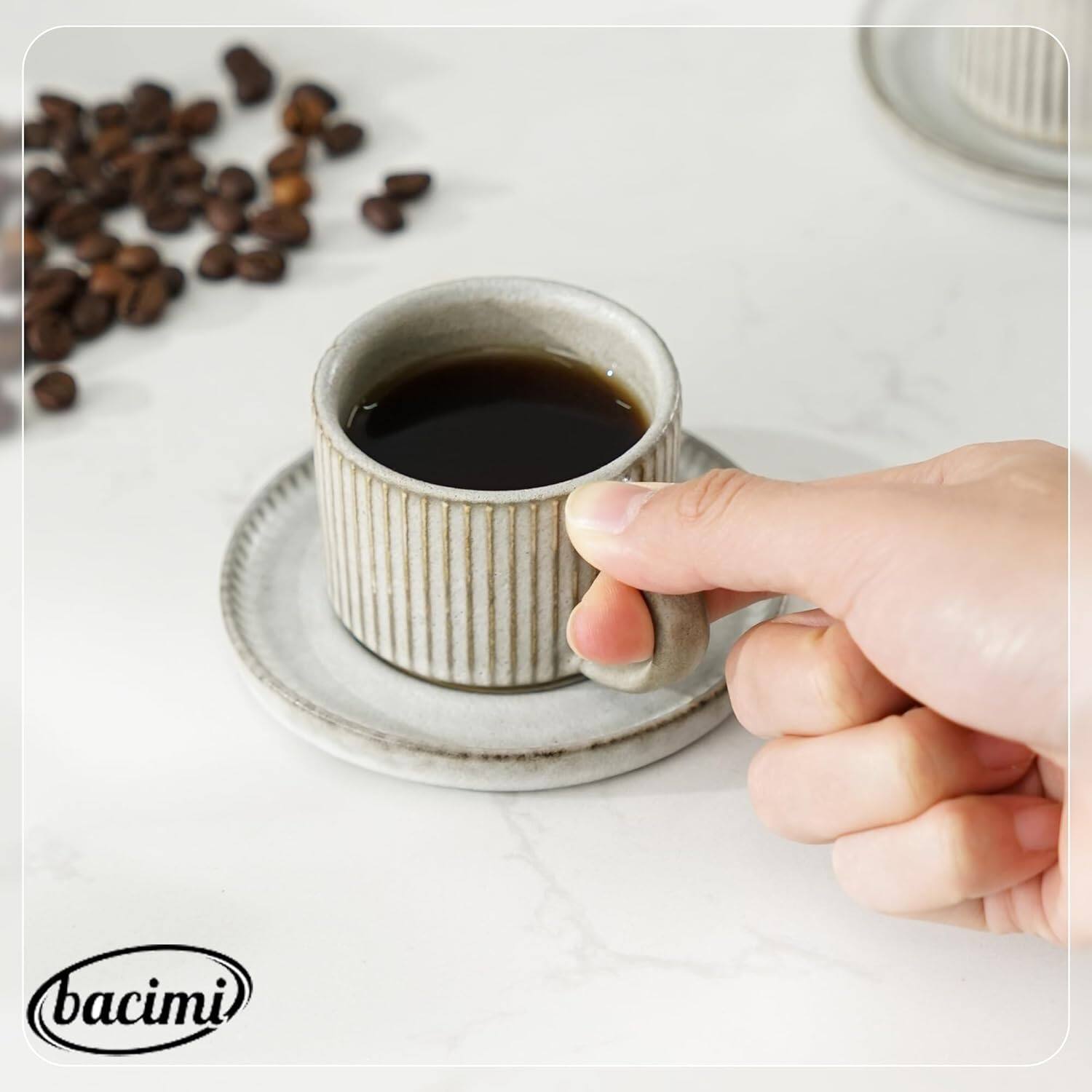 Angle. Bacimi - Set Of 4 Mini Espresso Cups With Saucers, Handcrafted Stoneware For Coffee, Cocoa 90ml / 3oz Reactive Glaze Firing - Stone.