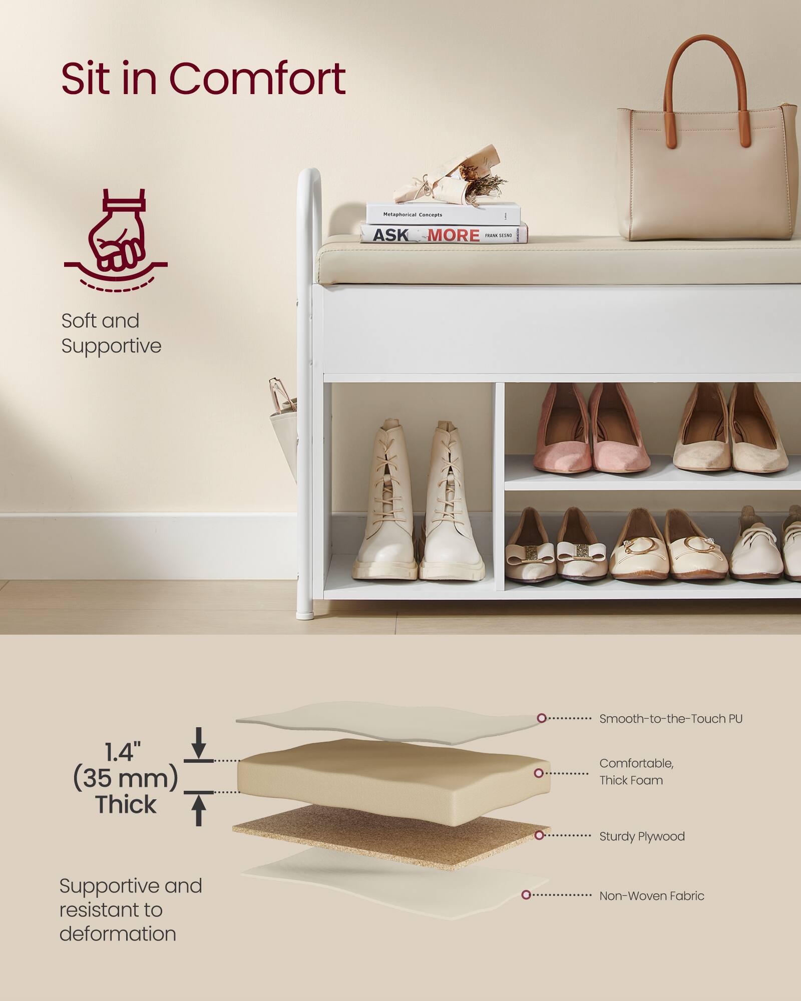Sit in Comfort

Soft and Supportive

ASK MORE

1.4" (35 mm) Thick

Comfortable, Thick Foam

Sturdy Plywood

Supportive and resistant to deformation

Smooth-to-the-Touch PU

Non-Woven Fabric