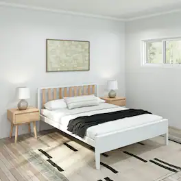 Plank+Beam - Scandinavian Queen-Size Bed with Slatted Headboard, White/Blonde - White/Blonde