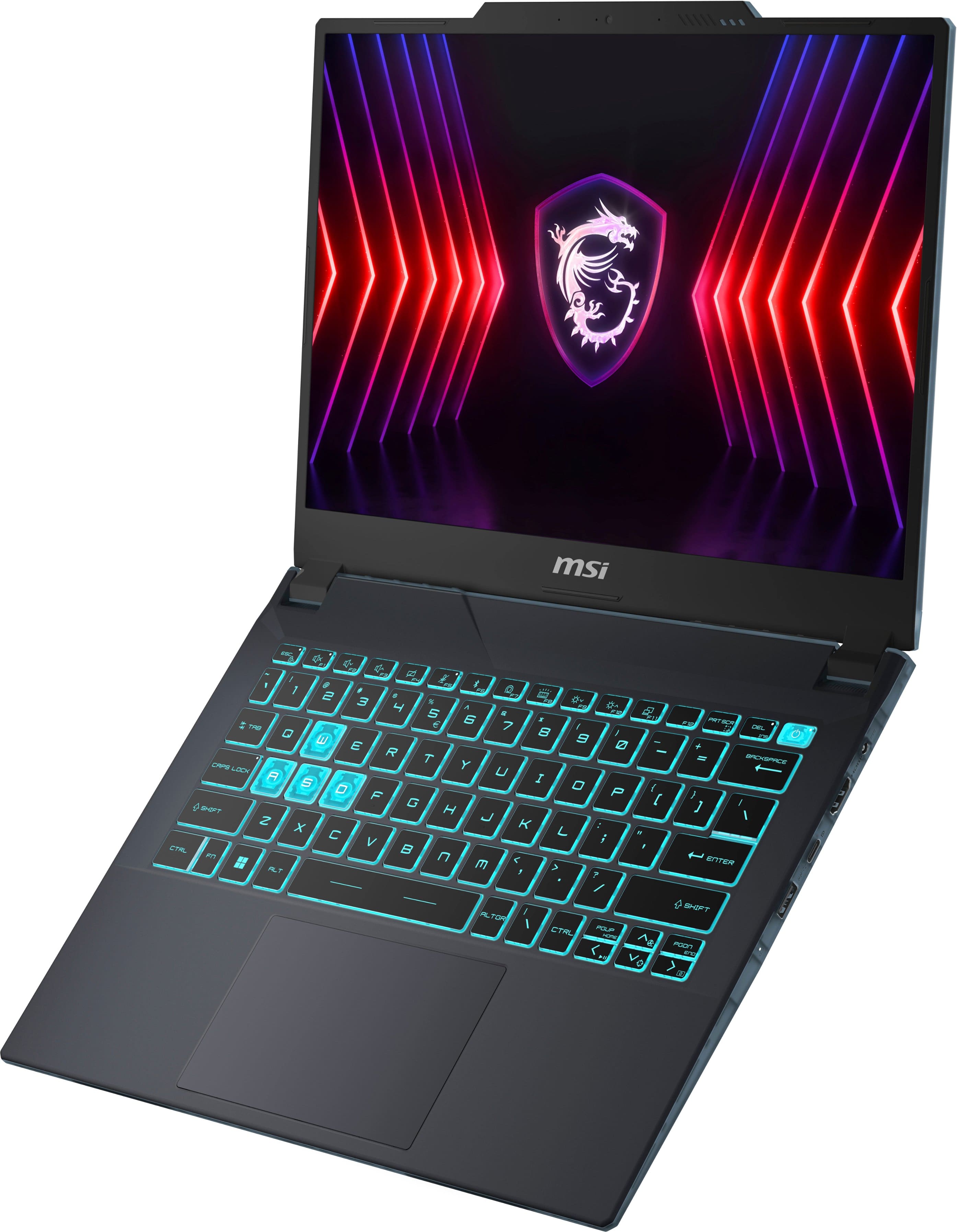 MSI E-series laptop computer with a dragon logo on the screen.