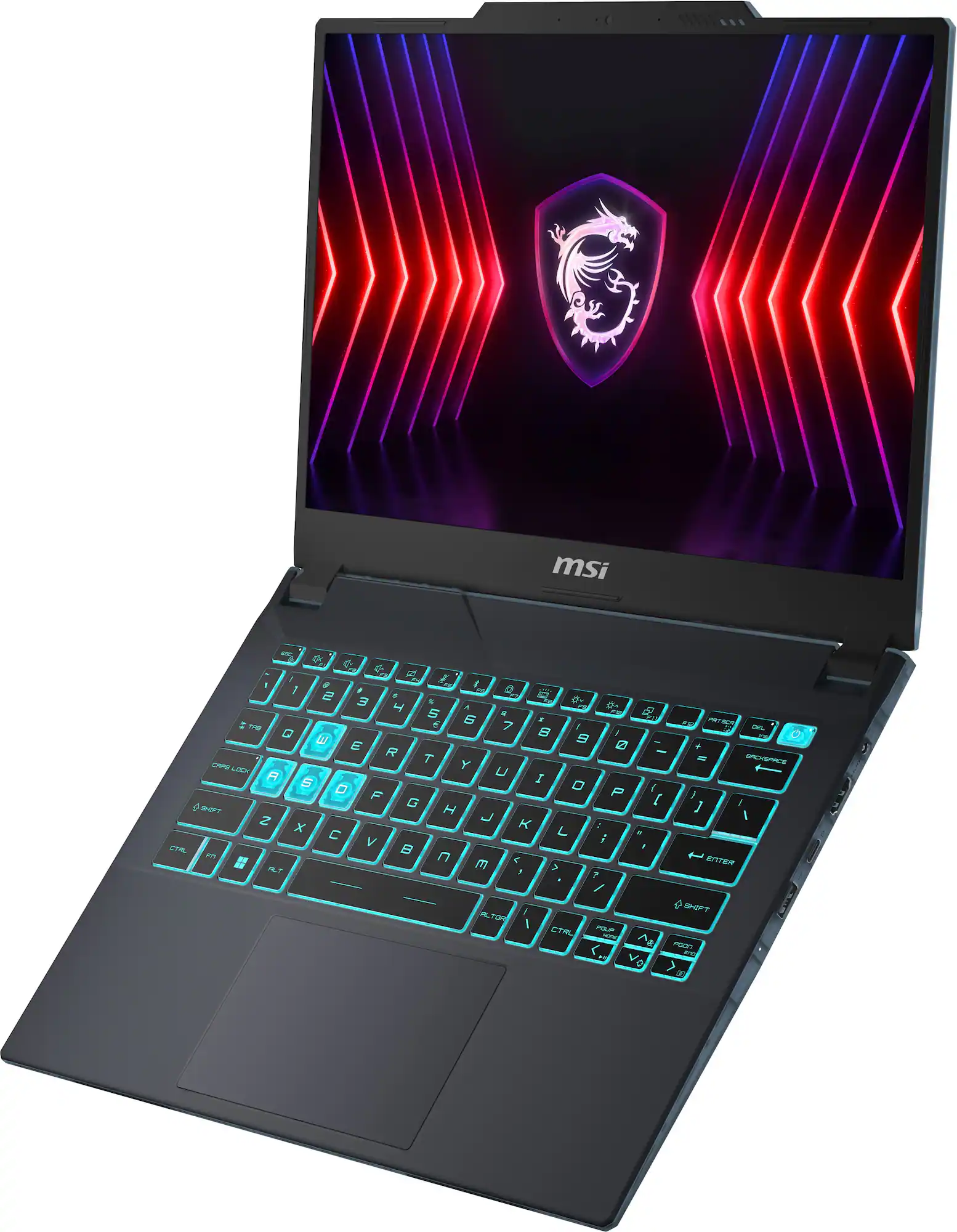 Zoom in on MSI E-series laptop computer with a dragon logo on the screen.