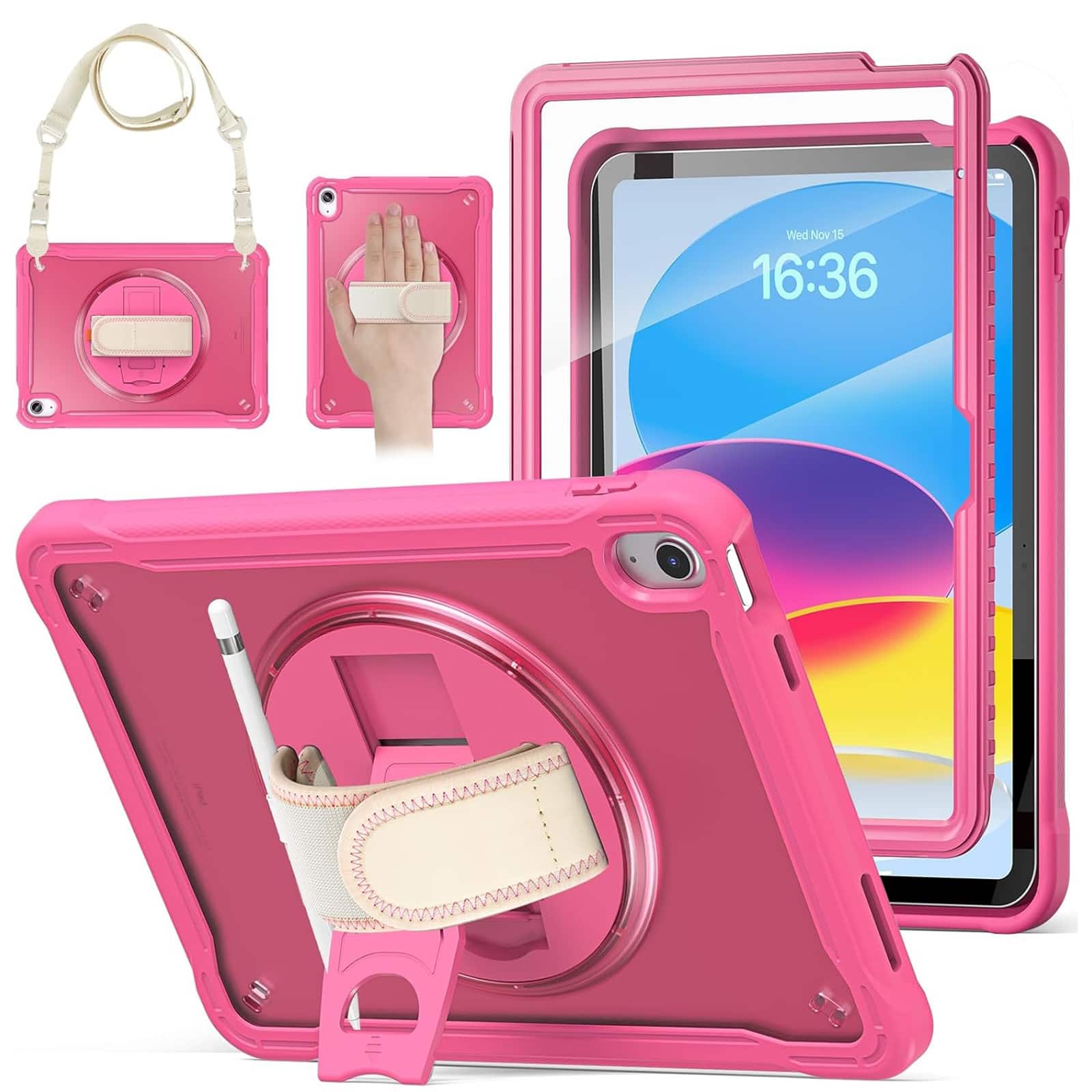 UUCOVER - Built-in Screen Protector Case for iPad A16 2025 /iPad 10th Gen 2022 ,Shockproof TPU+PC Case Stand Cover+Shoulder Strap - Rose