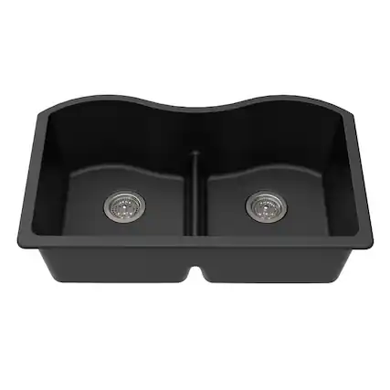 Front. Winpro - Winpro Undermount Granite Composite 33 in. x 20 in. x 9-1/2 in. Double Equal Bowl Low Divide Kitchen Sink in Black - Black.