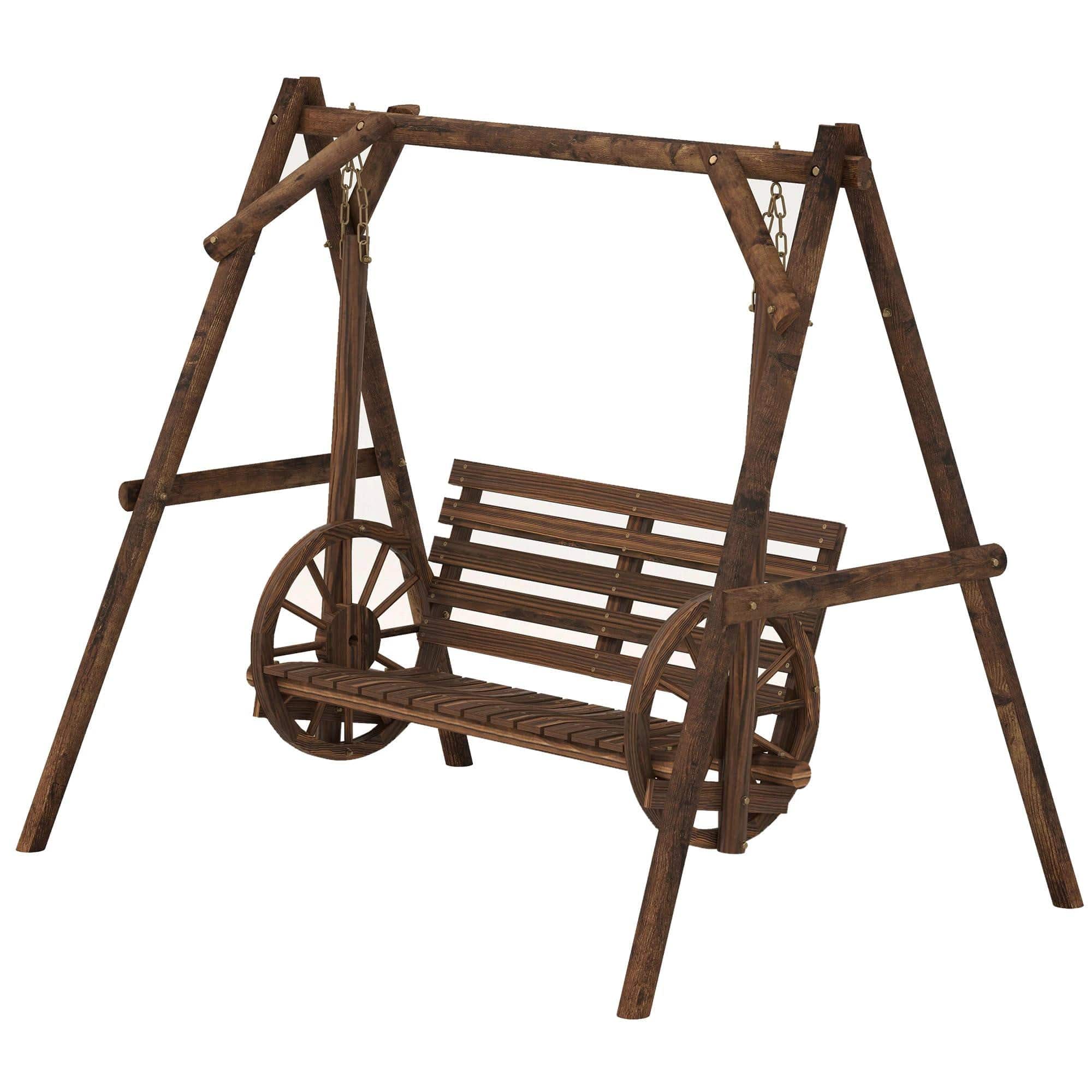Resenkos - 2-Seat Swing With A-Frame Stand, Wooden Patio Bench, Carbonized Brown, Wagon Wheel Armrests， Carbonized
