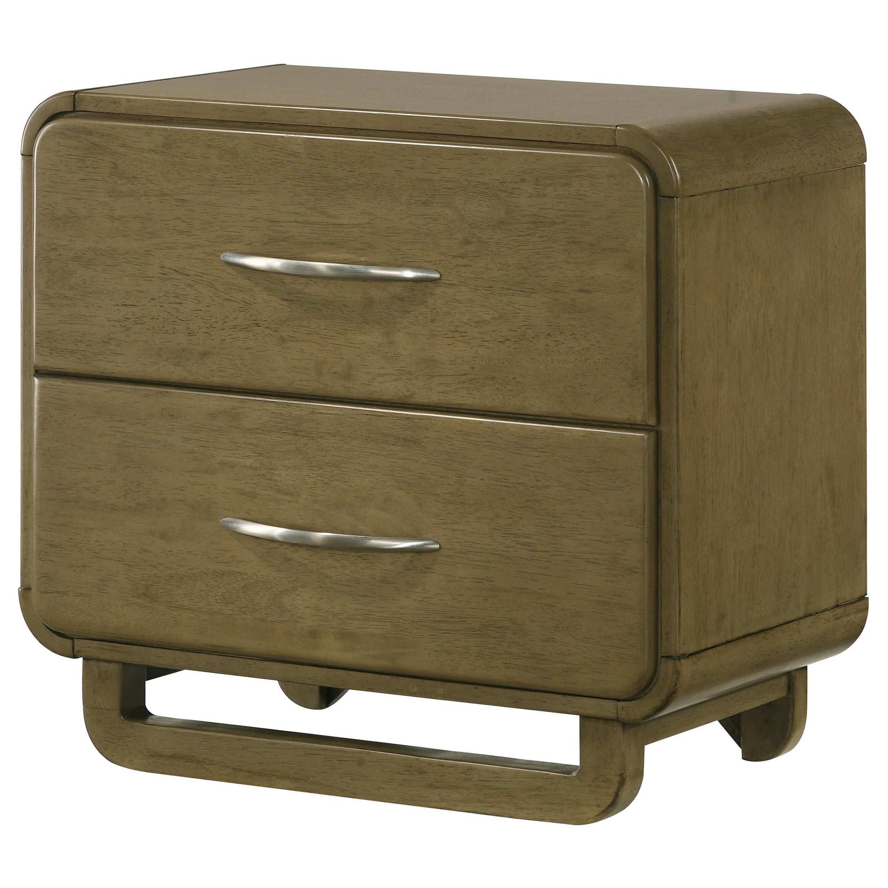 Left. Manhattan Lane - Deon Nightstand, 2 Drawers w Nickel Handles, Sled Legs, Nutmeg - Nutmeg Brown, Chrome.