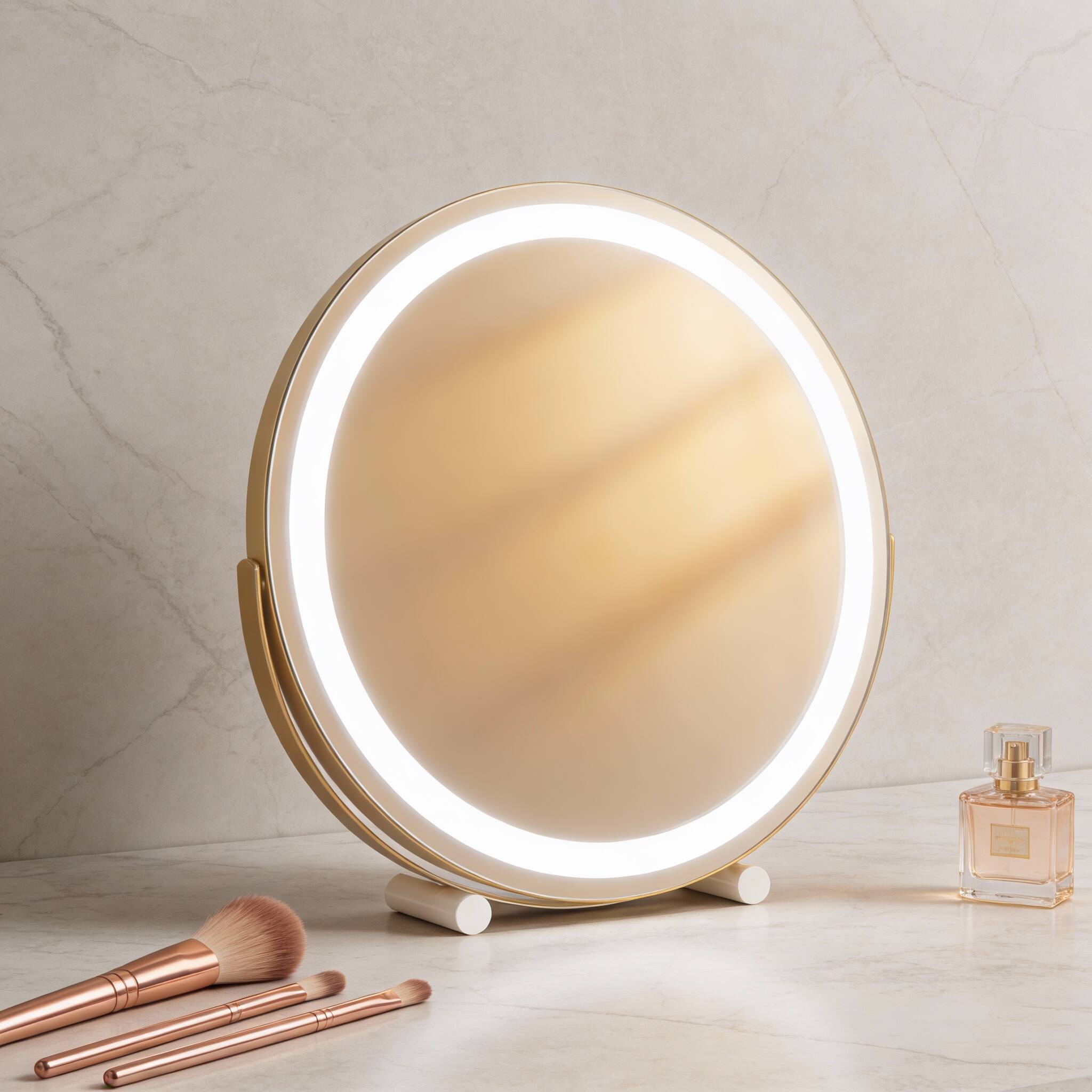 Alt View 2. PO3TICJUNKI3 - 12" Gold Lighted Makeup Mirror, 3-Color Dimmable LED, 360° Rotating Tabletop - White 18"L x 18"W.