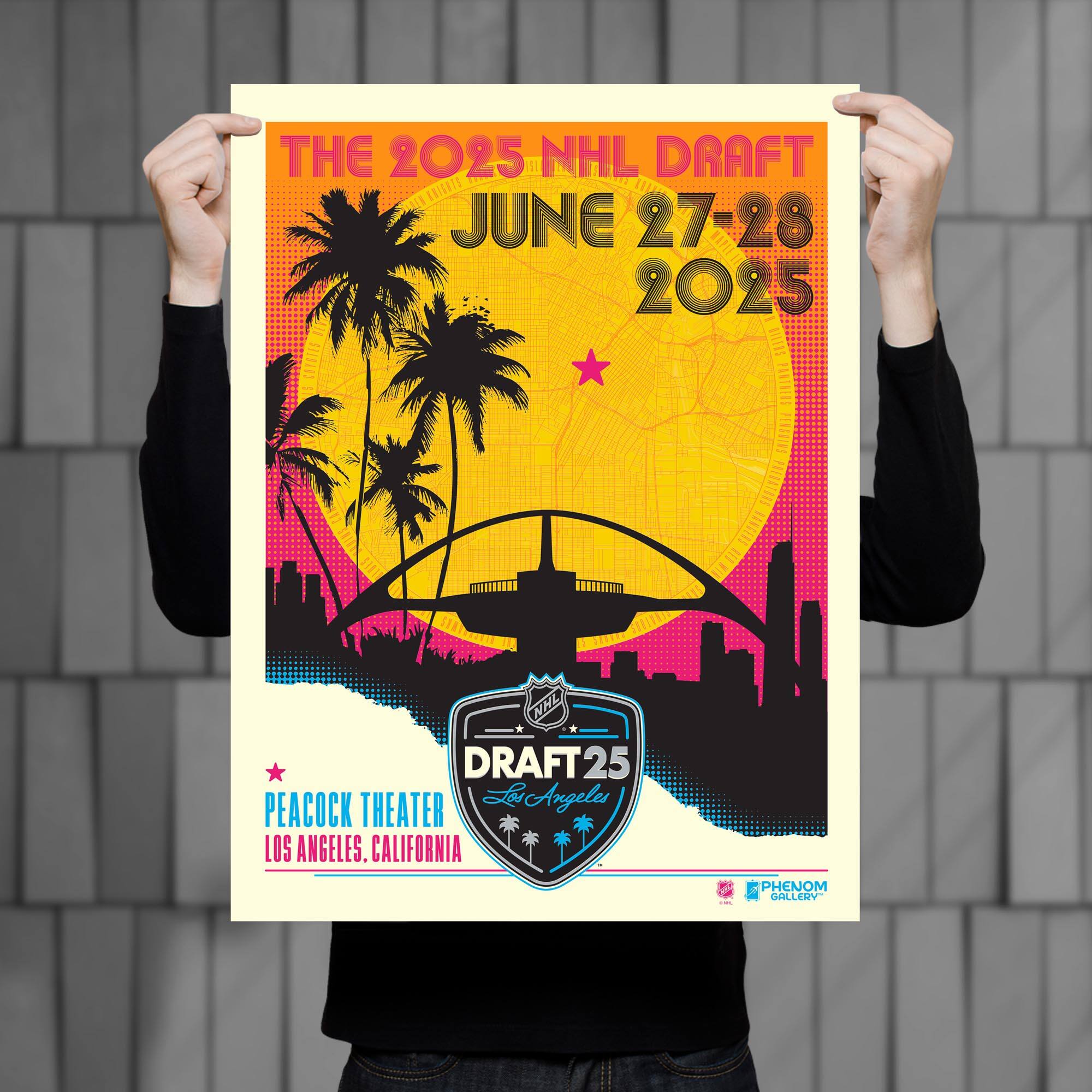 THE 2025 NHL DRAFT  
JUNE 27-28  
2025  

PEACOCK THEATER  
LOS ANGELES, CALIFORNIA  

DRAFT25  
Los Angeles  

PHENOM GALLERY