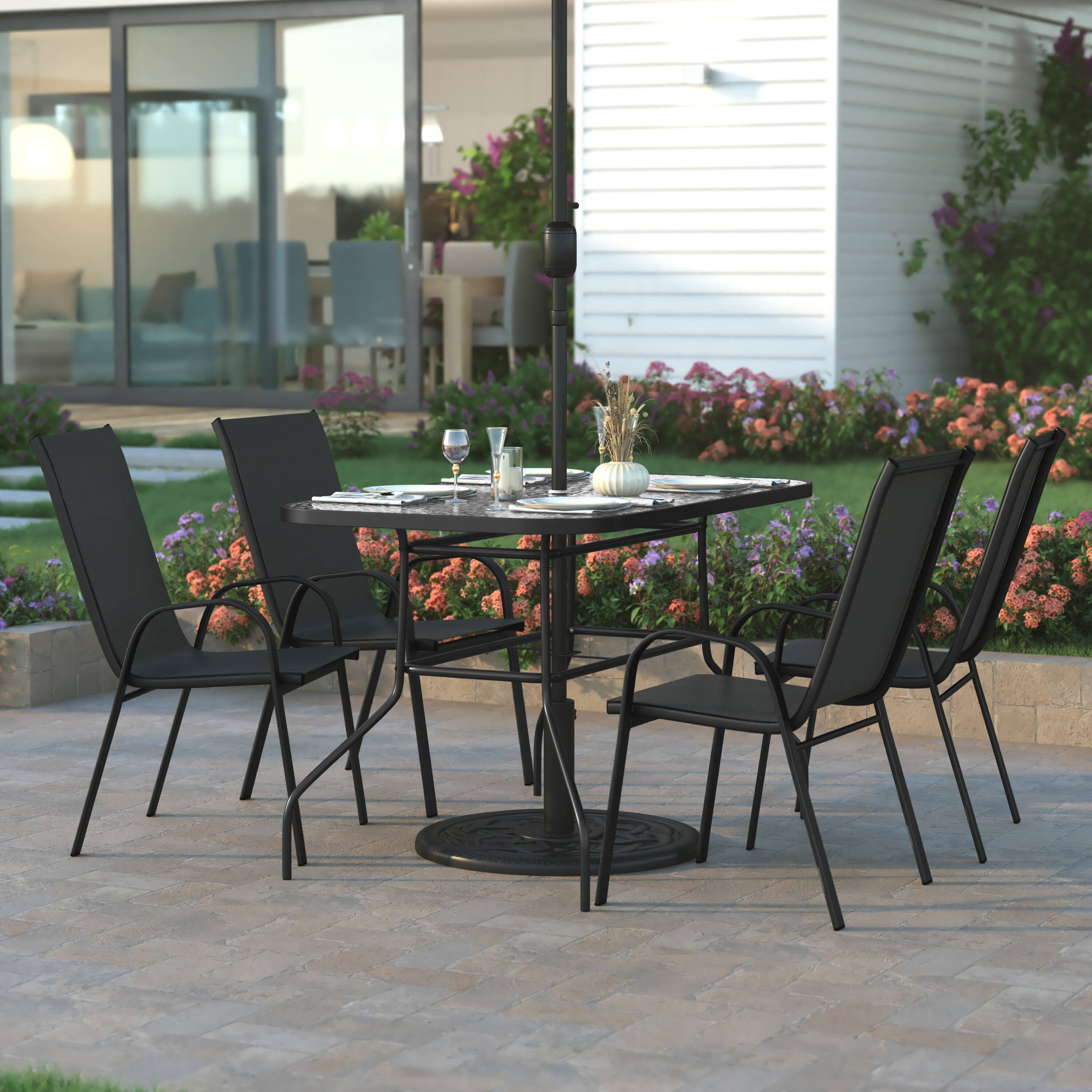 Alt View 1. Emma + Oliver - Bartlett 5 Piece Outdoor Dining Set with Tempered Glass Top Patio Table and 4 Flex Comfort Textilene Stacking Chairs - Black.