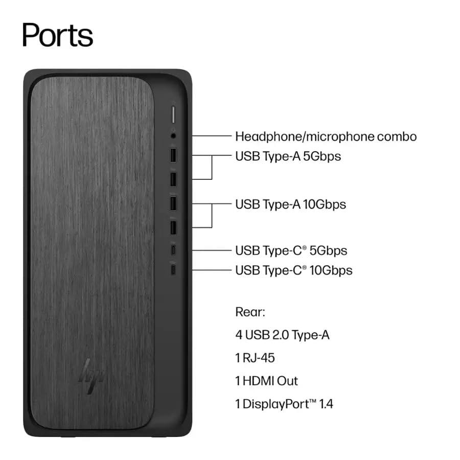 Ports

- Headphone/microphone combo
- USB Type-A 5Gbps
- USB Type-A 10Gbps
- USB Type-C 5Gbps
- USB Type-C 10Gbps

Rear:
- 4 USB 2.0 Type-A
- 1 RJ-45
- 1 HDMI Out
- 1 DisplayPort™ 1.4