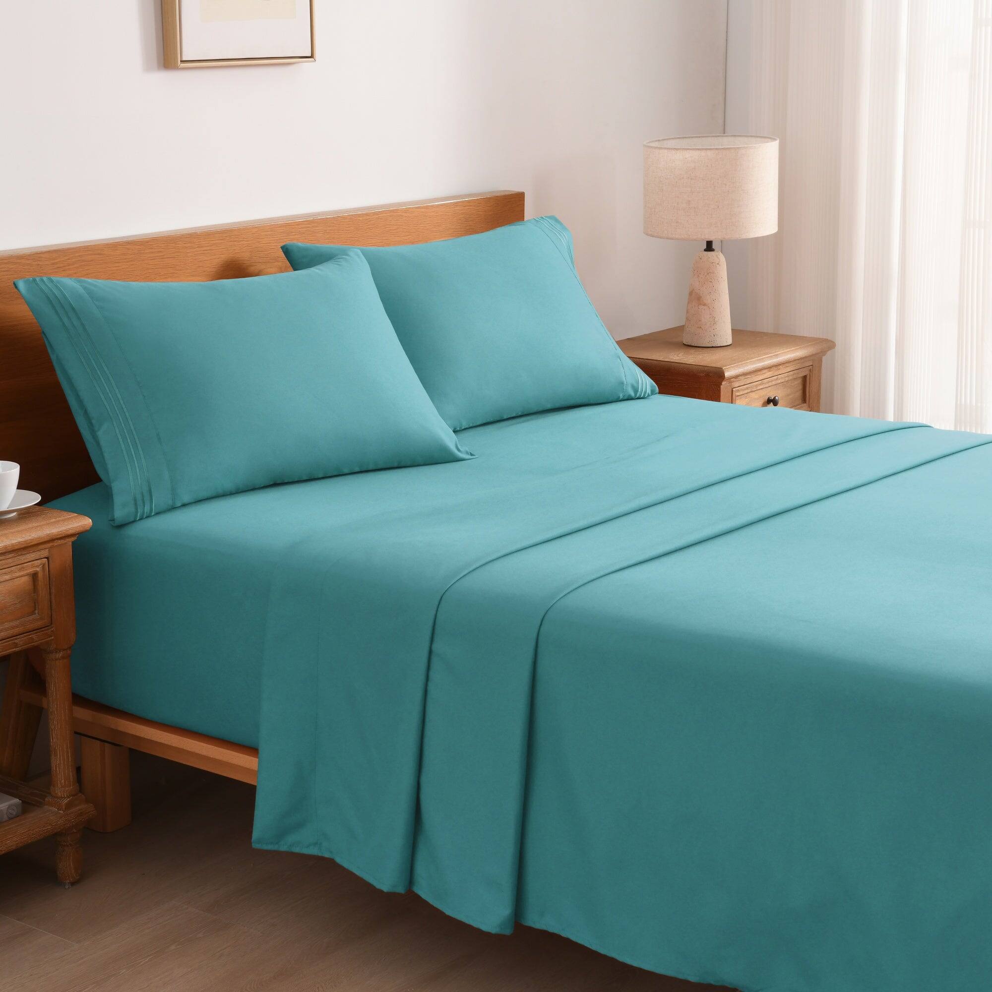 Left. MarCielo - Marcielo 3/4 Pcs Soft Solid & Embroidery Bed Sheets Set - Dark Teal.