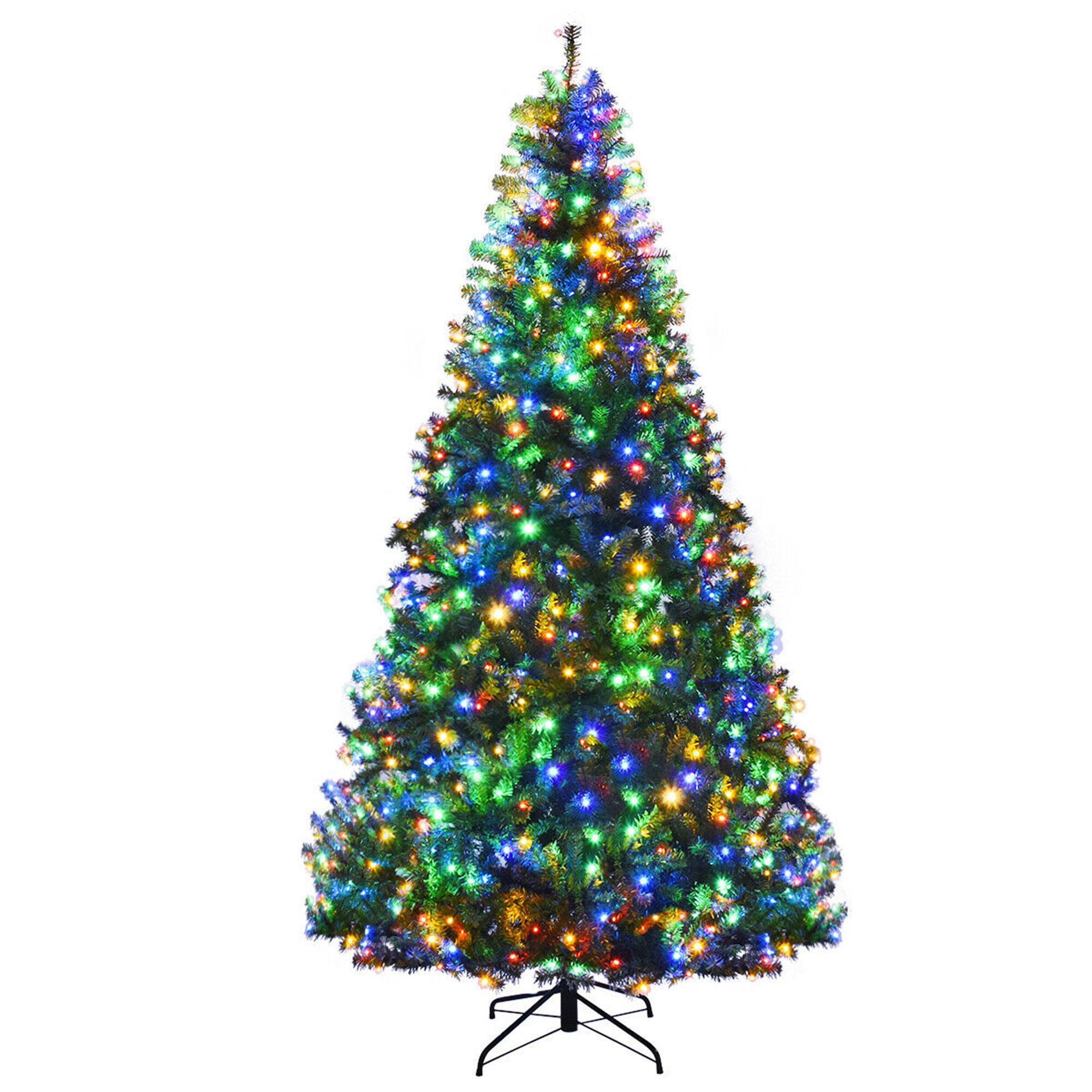 Gymax - 8FT Pre-Lit Christmas Tree Hinged Artificial Tree w/ Metal Stand LED Lights - Green