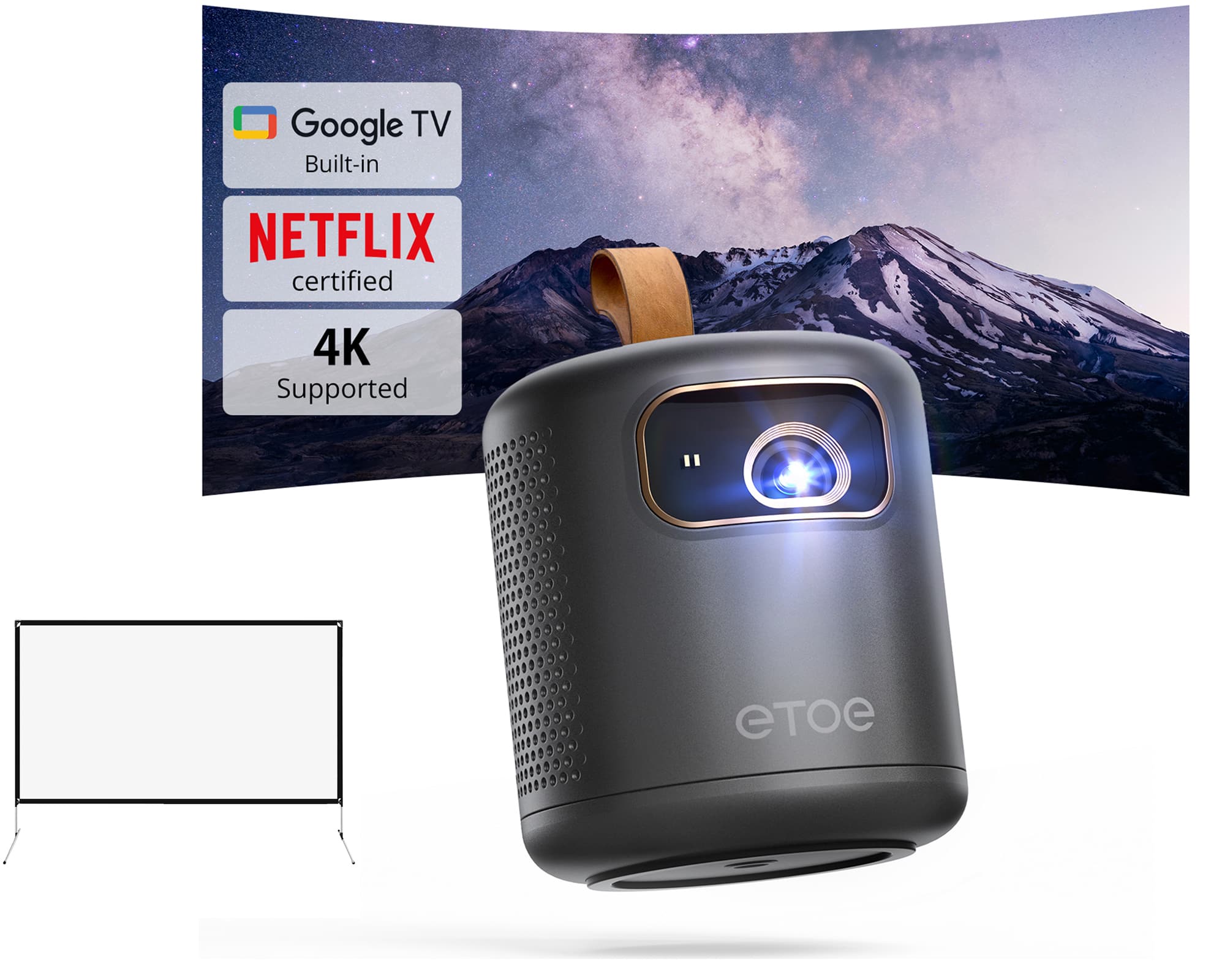 ETOE - Dolphin 1080P Mini Projector with Google TV/Stand & 50'' Projection Screen, Portable Outdoor Projector, Bluetooth & WiFi - Black