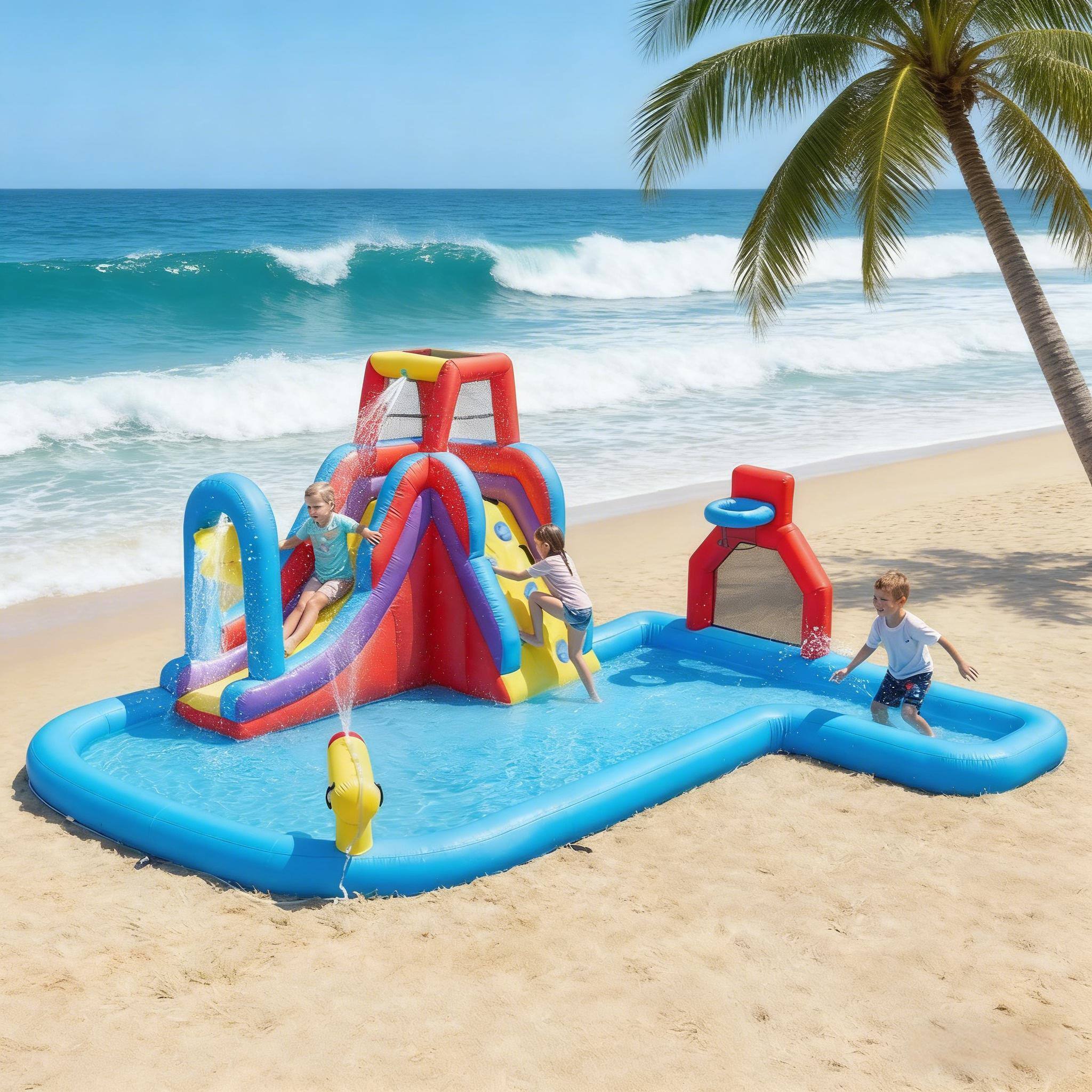 Left. Loheer - Loheer Inflatable Water Park Blow Up Water Slide Bouncy Castle with 480W Blower Kids Backyard Splash Pool 6 in 1.