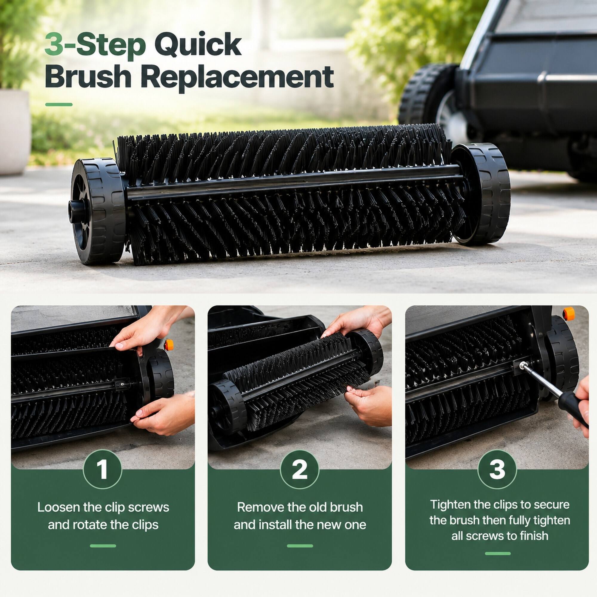 3-Step Quick Brush Replacement

1. Loosen the clip screws and rotate the clips
2. Remove the old brush and install the new one
3. Tighten the clips to secure the brush then fully tighten all screws to finish