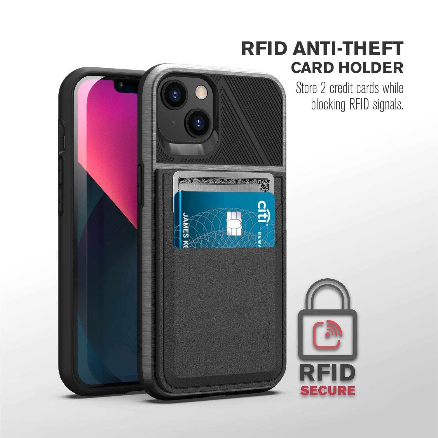 RFID ANTI-THEFT CARD HOLDER  
Store 2 credit cards while blocking RFID signals.  

JAMES KC  
cti  
NEWA Rovese  

RFID SECURE