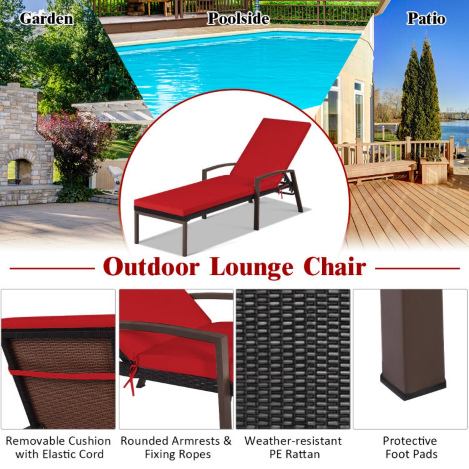 Outdoor Lounge Chair

- Garden
- Poolside
- Patio

Features:
- Removable Cushion with Elastic Cord
- Rounded Armrests & Fixing Ropes
- Weather-resistant PE Rattan
- Protective Foot Pads