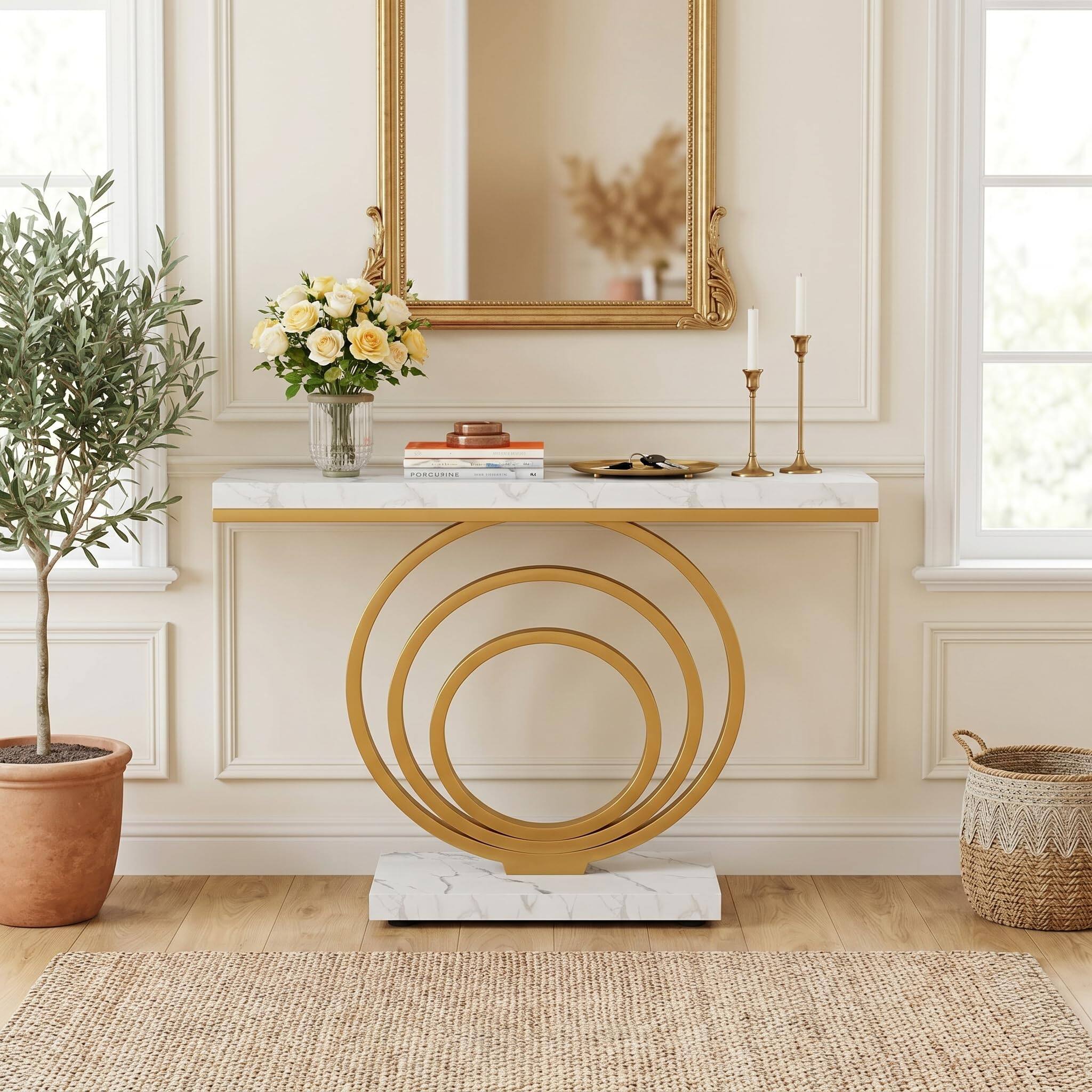 Alt View 2. Tribesigns - 41-Inch Gold Entryway Table, Modern Console Table Narrow Long, Contemporary Accent Table for Living Room, Hallway, Entra - Faux Marble White.