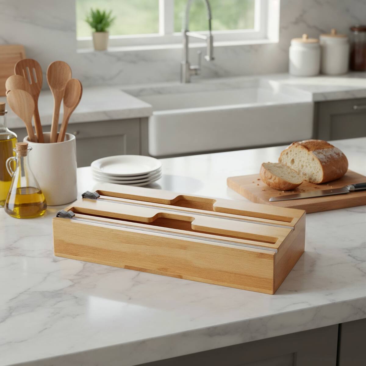 Left. Tooloton - 15" Roll Wrap Organizer with Cutter & Labels - Foil, Plastic, Wax Paper Dispenser for Kitchen Storage (Natural) - Natural.