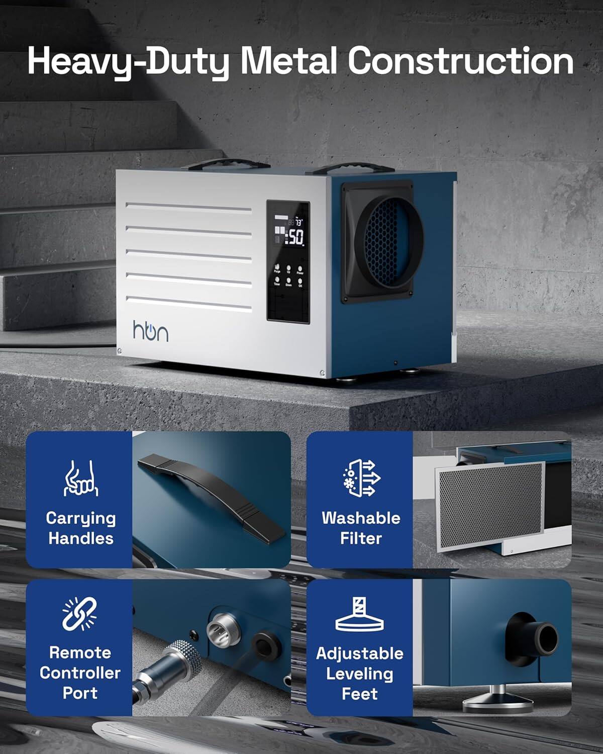 Heavy-Duty Metal Construction

- Carrying Handles
- Washable Filter
- Remote Controller Port
- Adjustable Leveling Feet