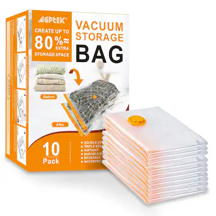 WARNING | ! | OTION CaeL PEetce RERL | 1...8.... | - d L...! N .... : UOE VARUUM I.NN.. ... AGPLEK CREATE UP TO VACUUM % STORAGE 80 EXTRA STORAGE SPACE BAG Before After DOUBLE ZIP TRIPLE SEA 10 AIRTIGHT DURABLE M REUSABLE Pack WATERPRO