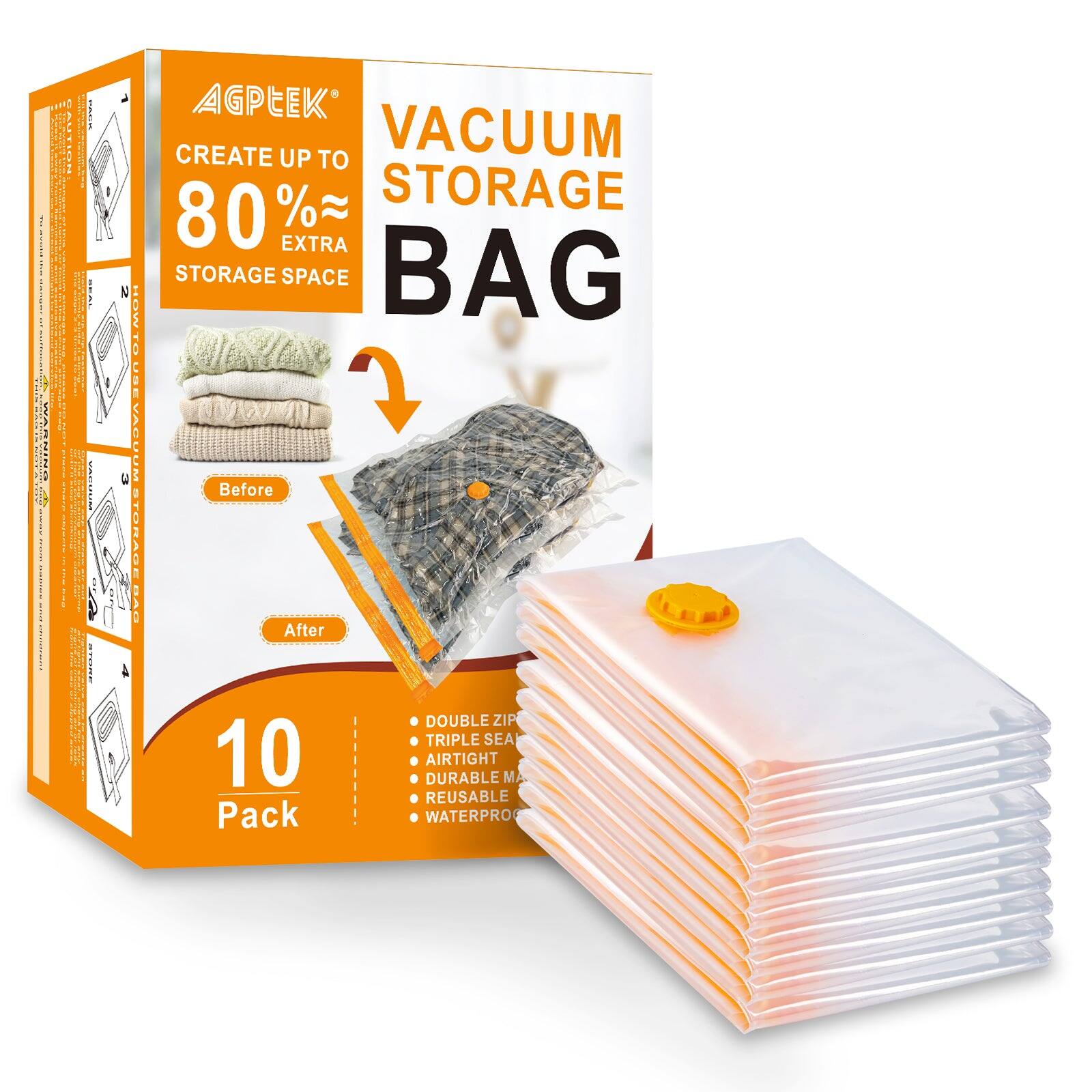 AGPtek - 10 Vacuum Storage Bags for Clothes, Blankets, Comforters, Size XL - Clear Orange