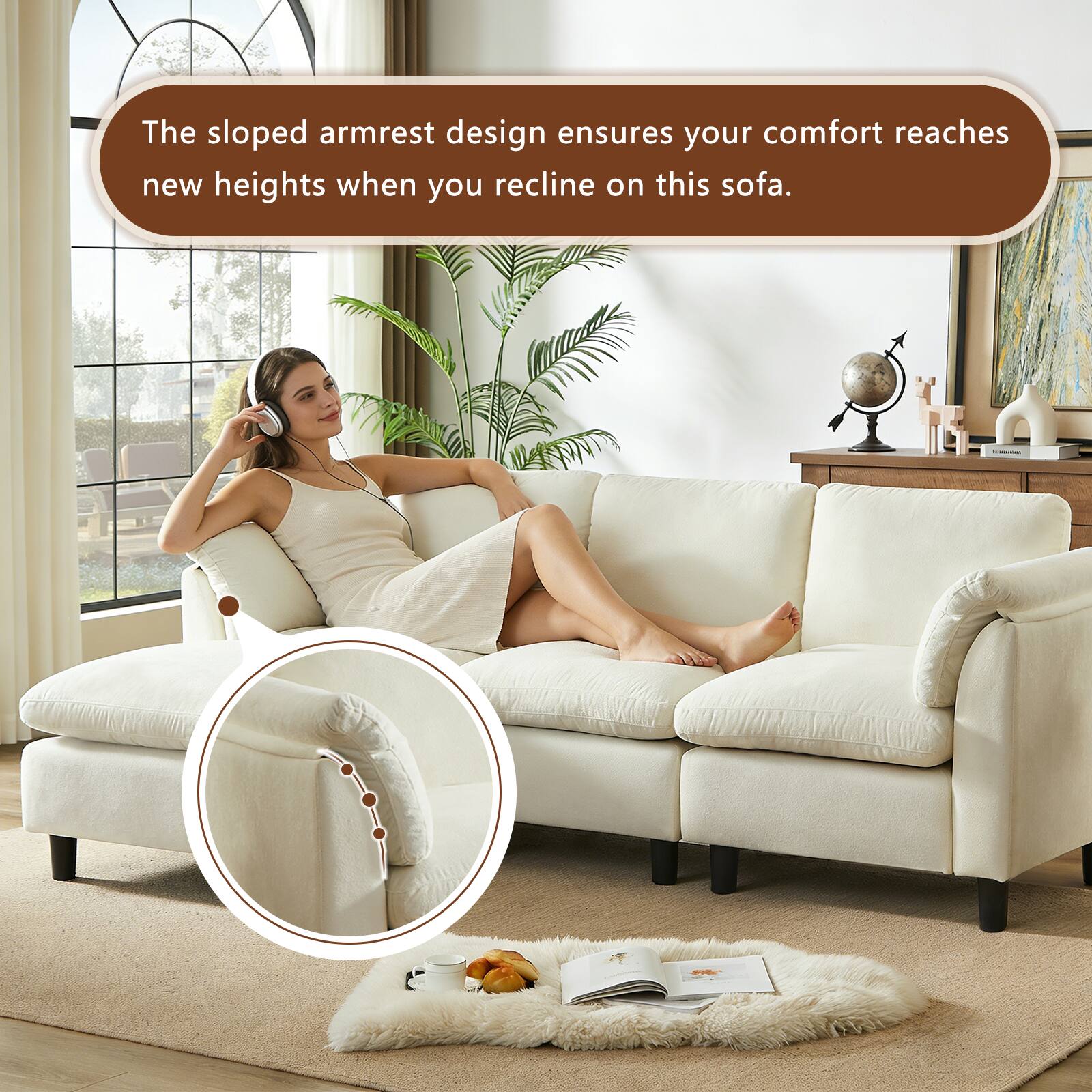 The sloped armrest design ensures your comfort reaches new heights when you recline on this sofa.