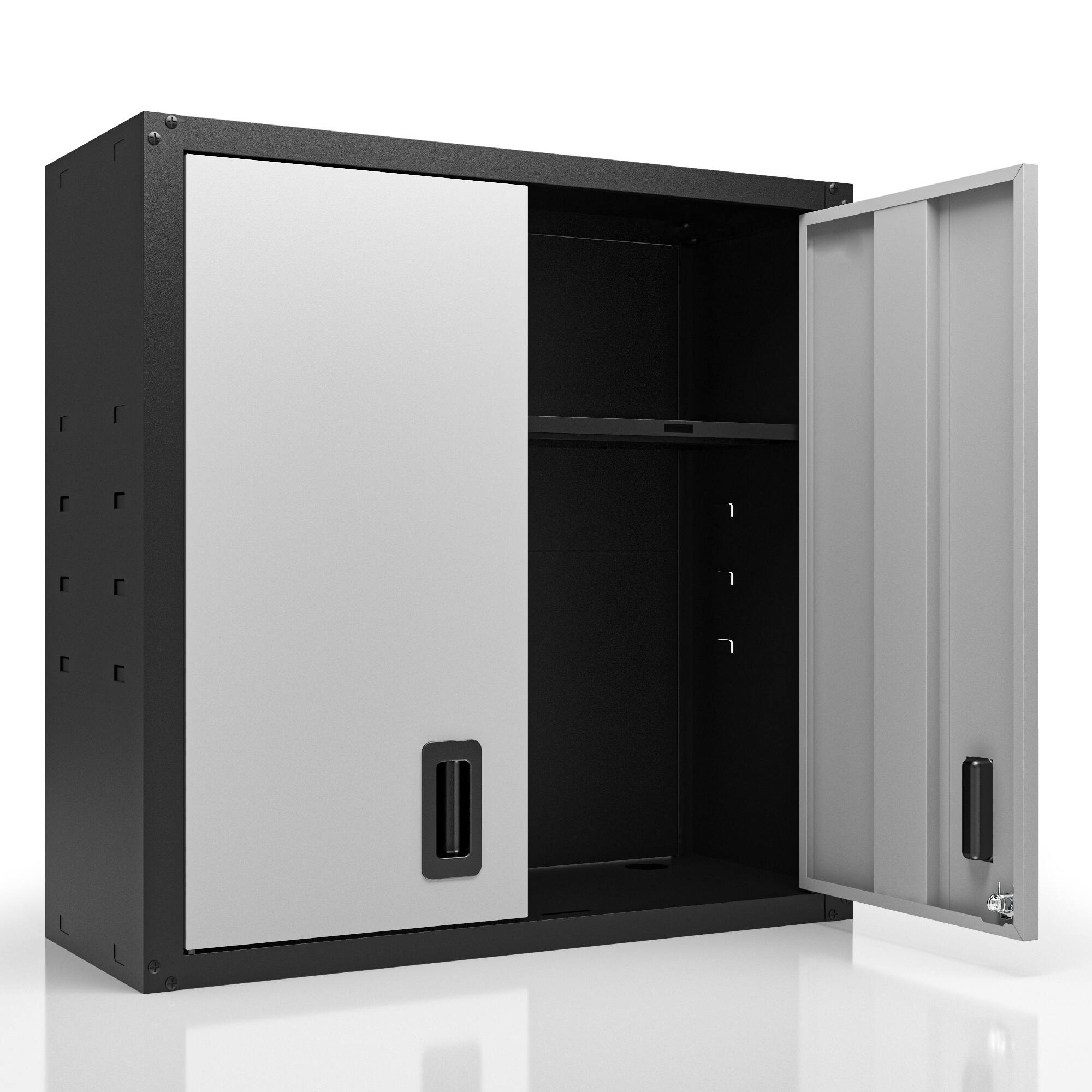 Angle. TinyHomie - Wall Mounted Lockable Metal Storage Cabinet with Two Doors and One Shelf for Garage Utility Room in Gray - Gray+Black.