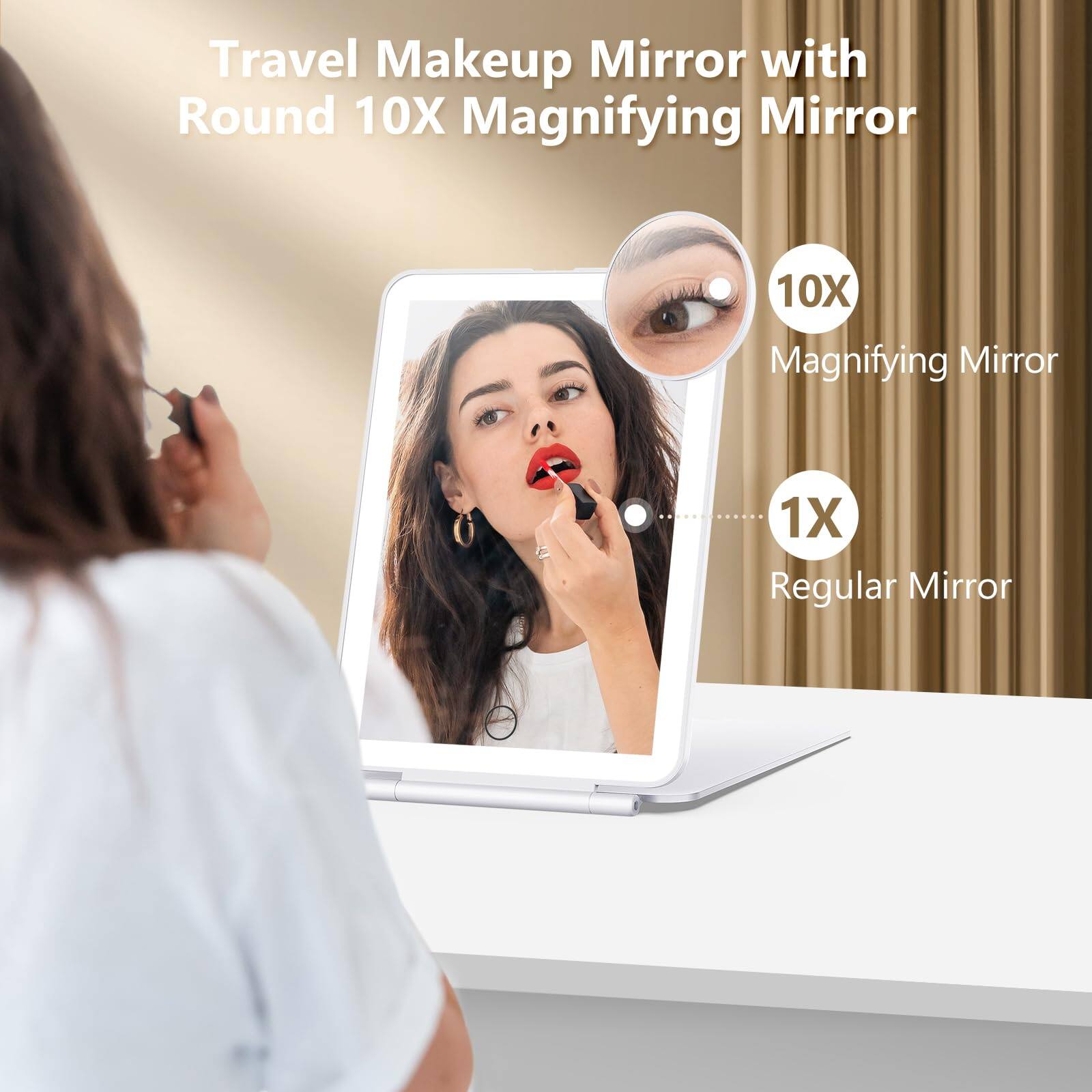 Travel Makeup Mirror with Round 10X Magnifying Mirror

10X Magnifying Mirror

1X Regular Mirror