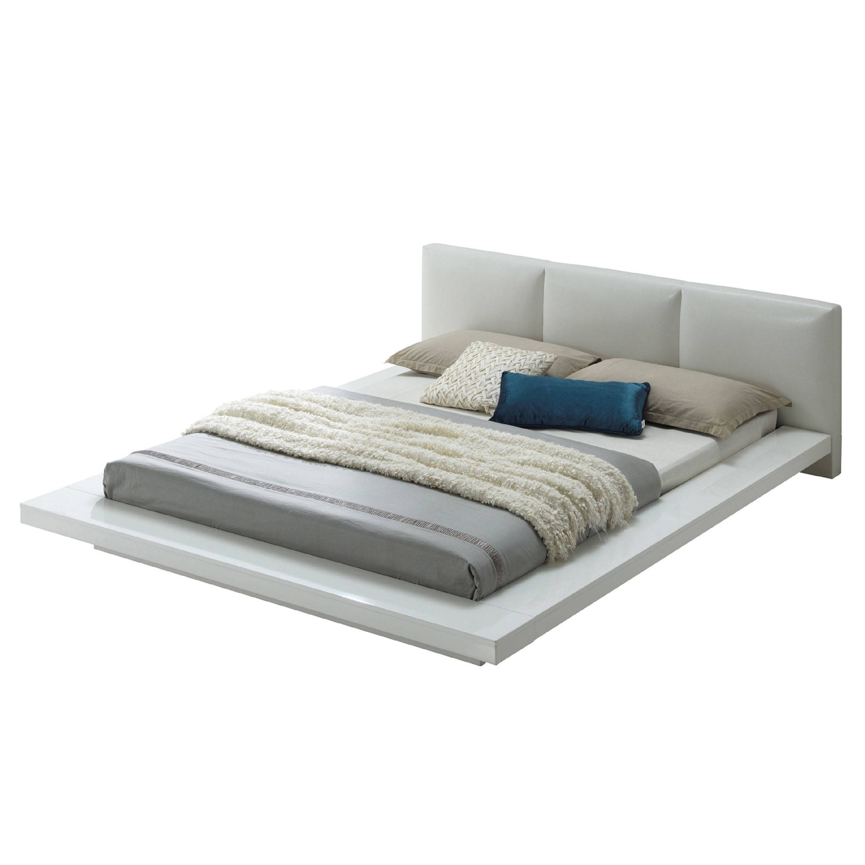 Alt View 1. Manhattan Lane - Wooden Queen Size Low Profile Bed with Padded Headboard - White.
