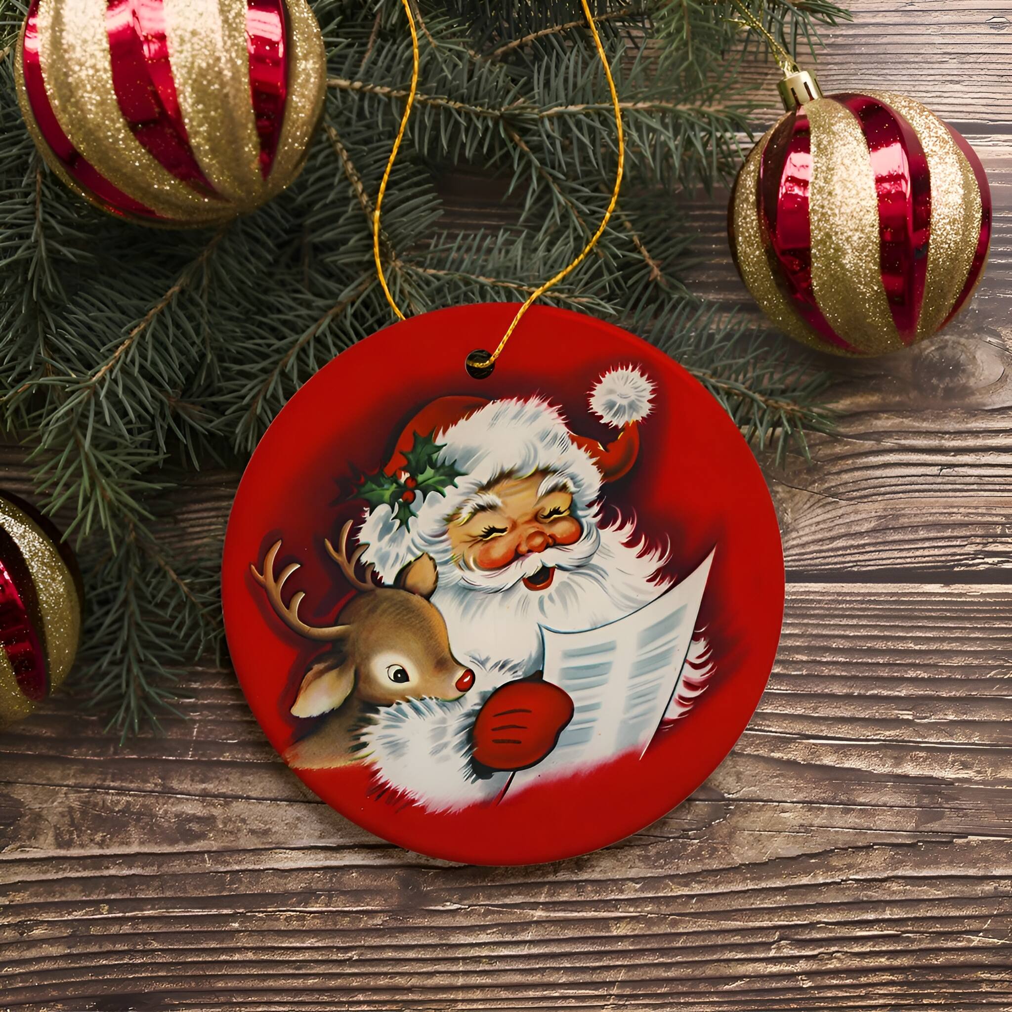Back. OrnamentallyYou - Santa and Baby Reindeer Singing a Christmas Carol Ornament - Multi-colored.