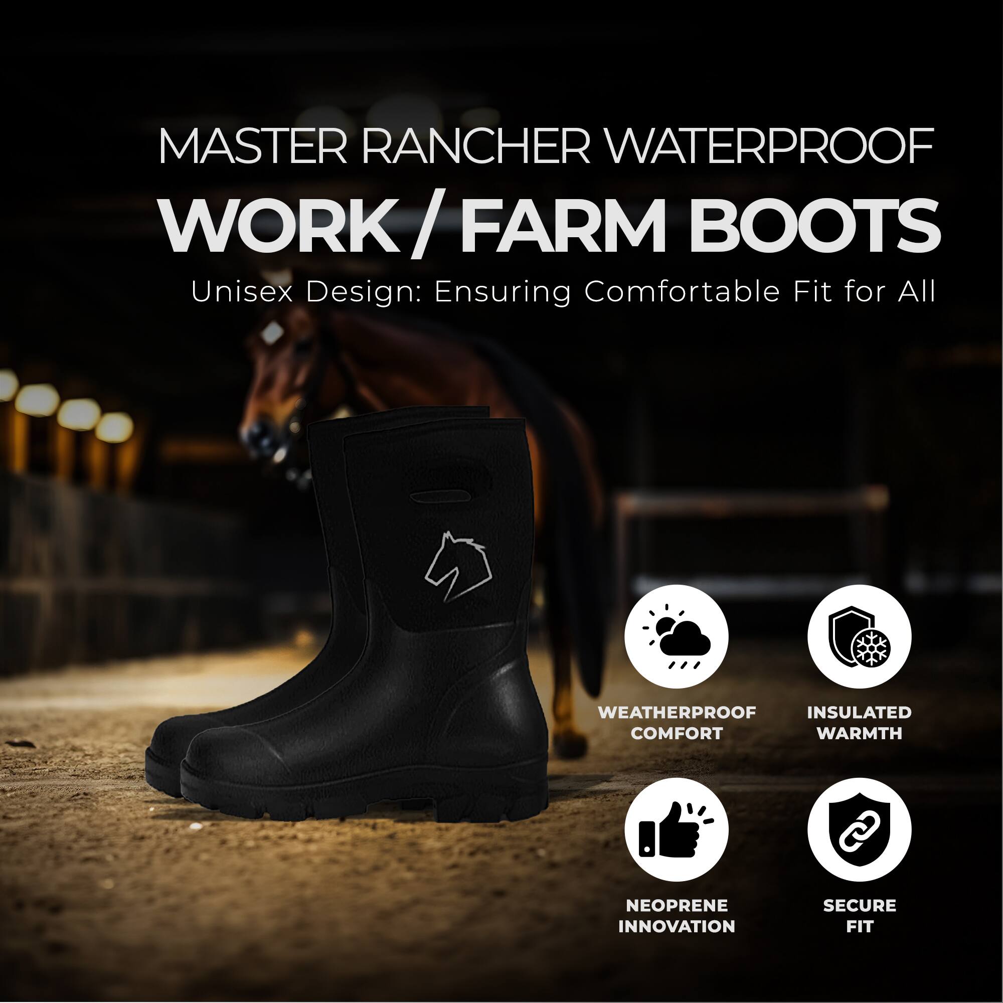 MASTER RANCHER WATERPROOF WORK / FARM BOOTS  
Unisex Design: Ensuring Comfortable Fit for All  

- WEATHERPROOF COMFORT  
- INSULATED WARMTH  
- NEOPRENE INNOVATION  
- SECURE FIT