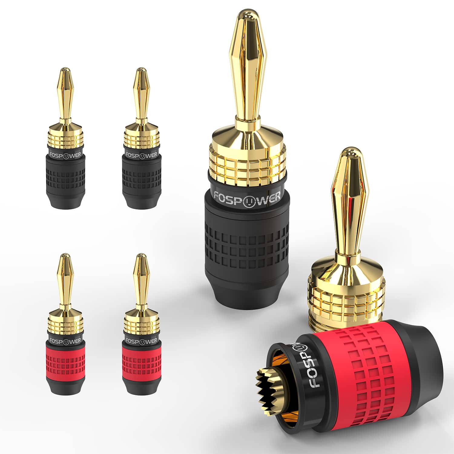 FosPower - Deadbolt Banana Plugs 2 Pairs / 4 pcs, Screwless Type 24k Gold Plated Banana Speaker Plug Connectors - Multicolored