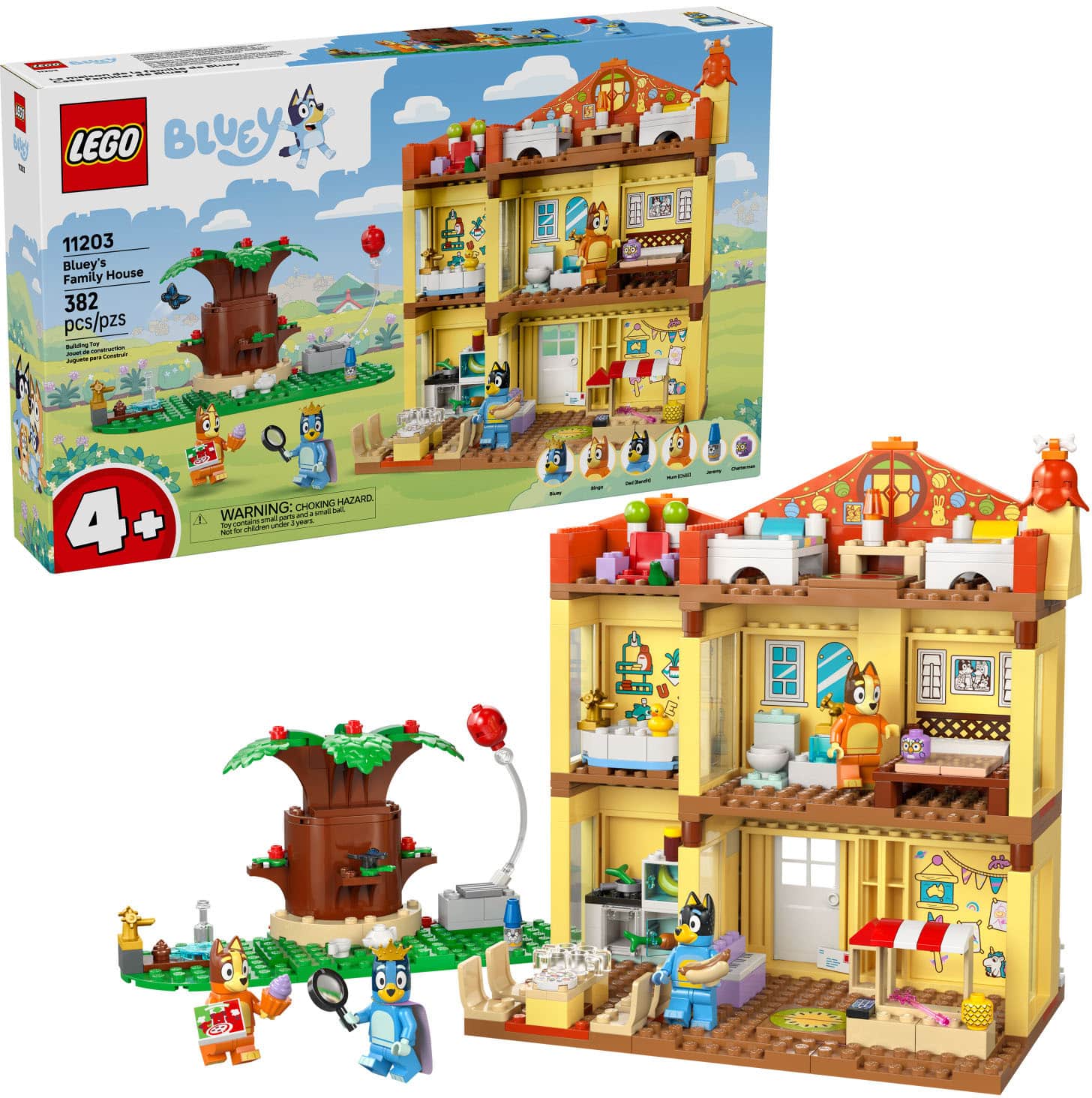 The text on the image is:
"LEGO Bluey 11203 Bluey Family House 382 pcs/pzs - WARNING: CHOKING HAZARD - Not for children under 4 years."