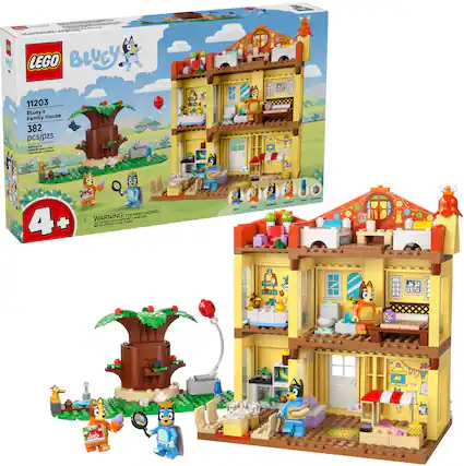 The text on the image is:
"LEGO Bluey 11203 Bluey Family House 382 pcs/pzs - WARNING: CHOKING HAZARD - Not for children under 4 years."